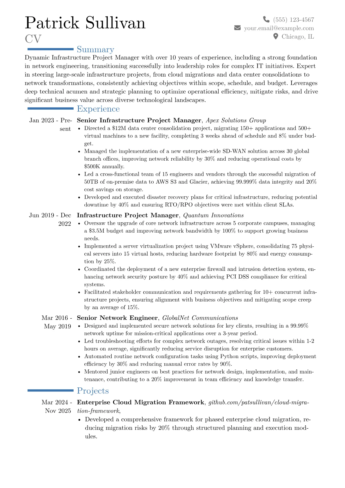 Infrastructure Project Manager resume example, Career changer, page 1