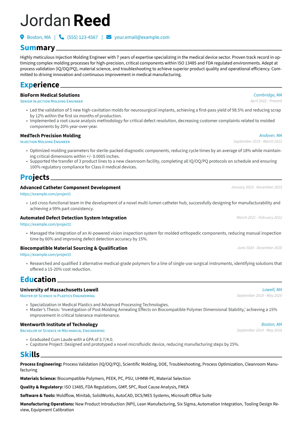 Injection Molding Engineer resume example, Medical Device Focus, page 1