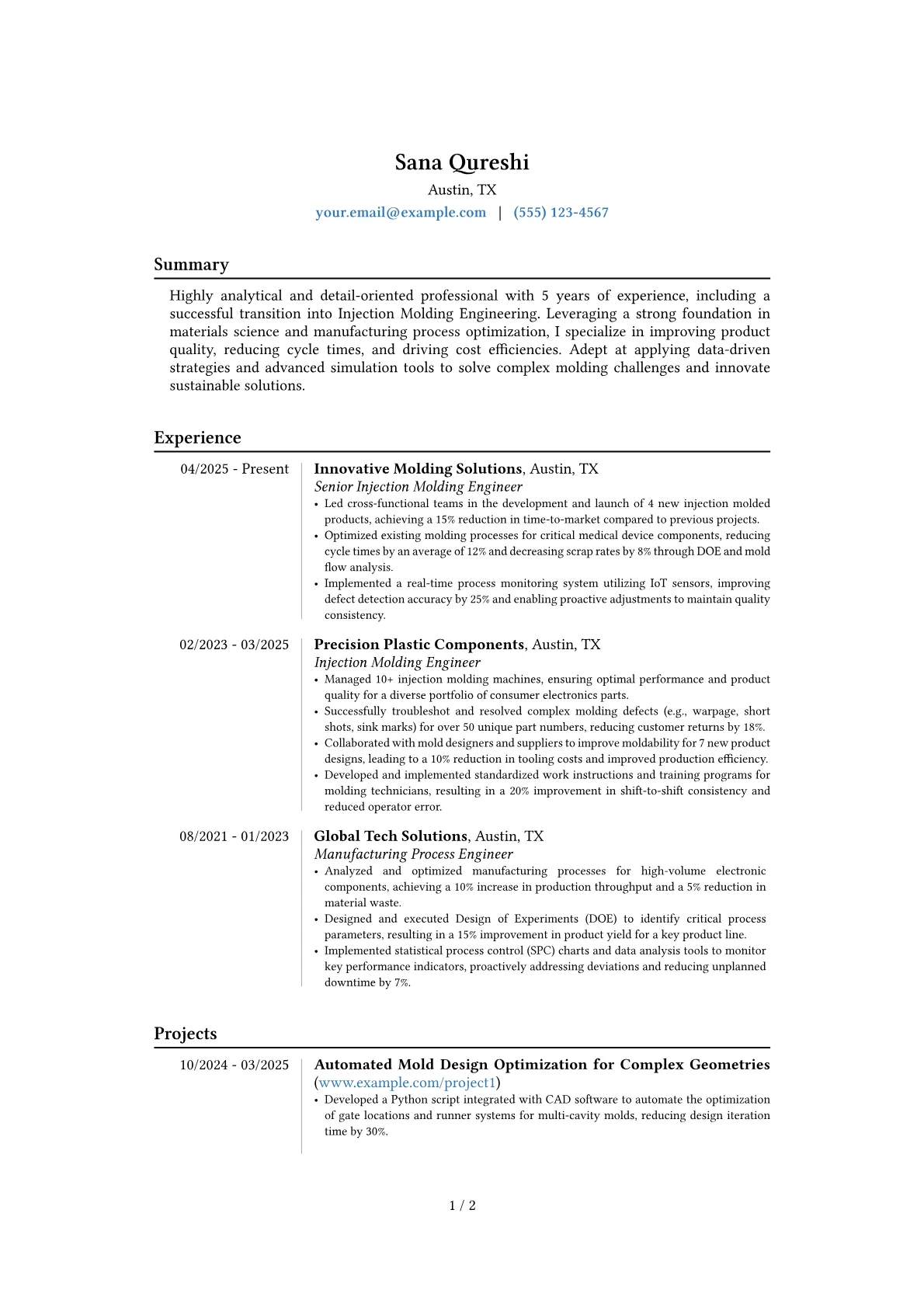 Injection Molding Engineer resume example, Career changer, page 1