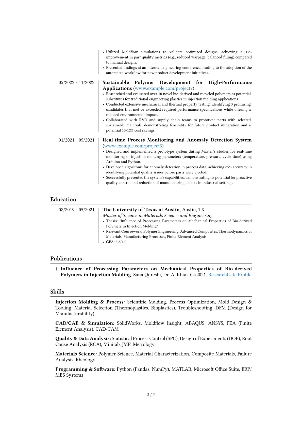 Injection Molding Engineer resume example, Career changer, page 2
