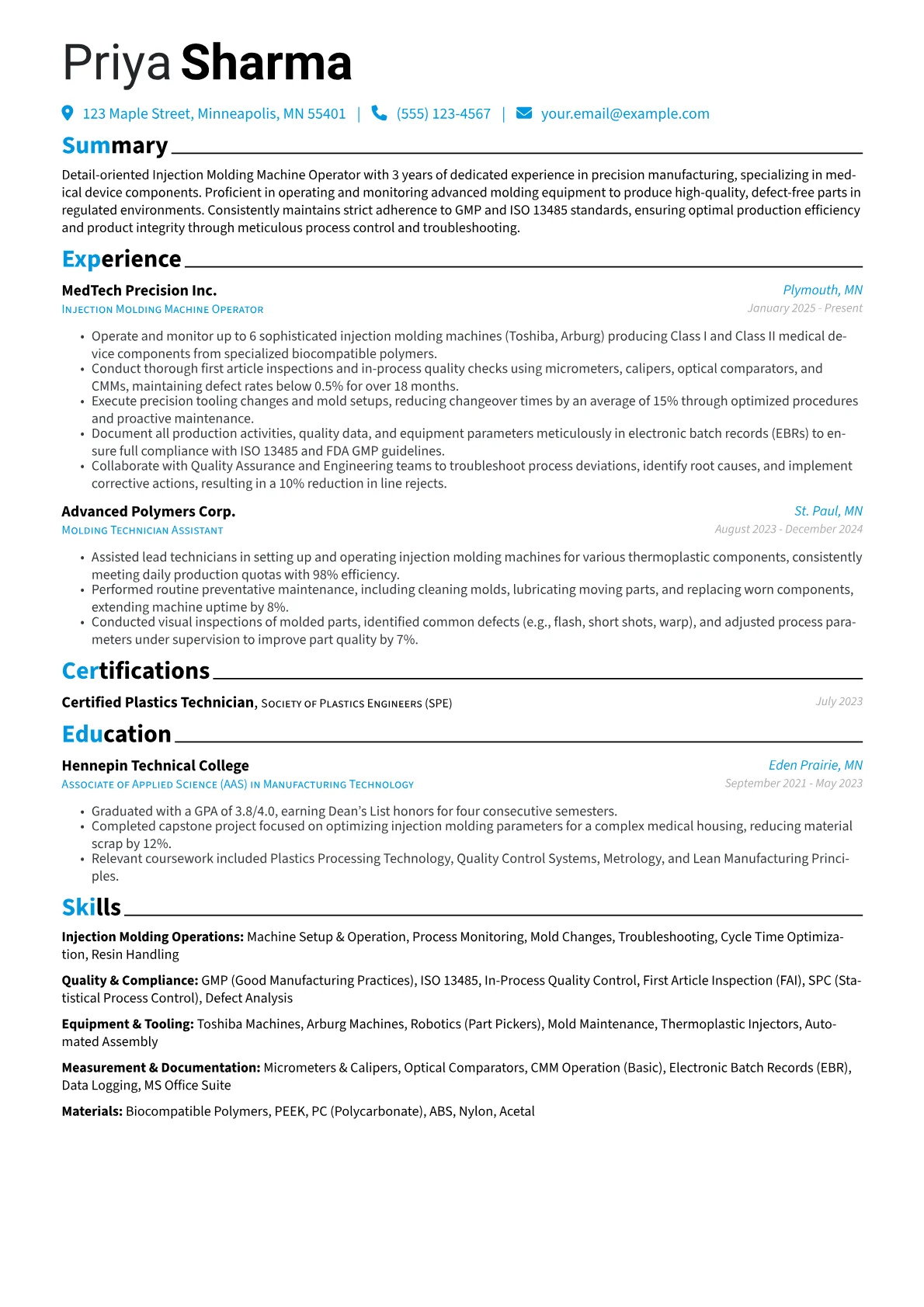 Injection Molding Machine Operator resume example, Medical Device Precision, page 1