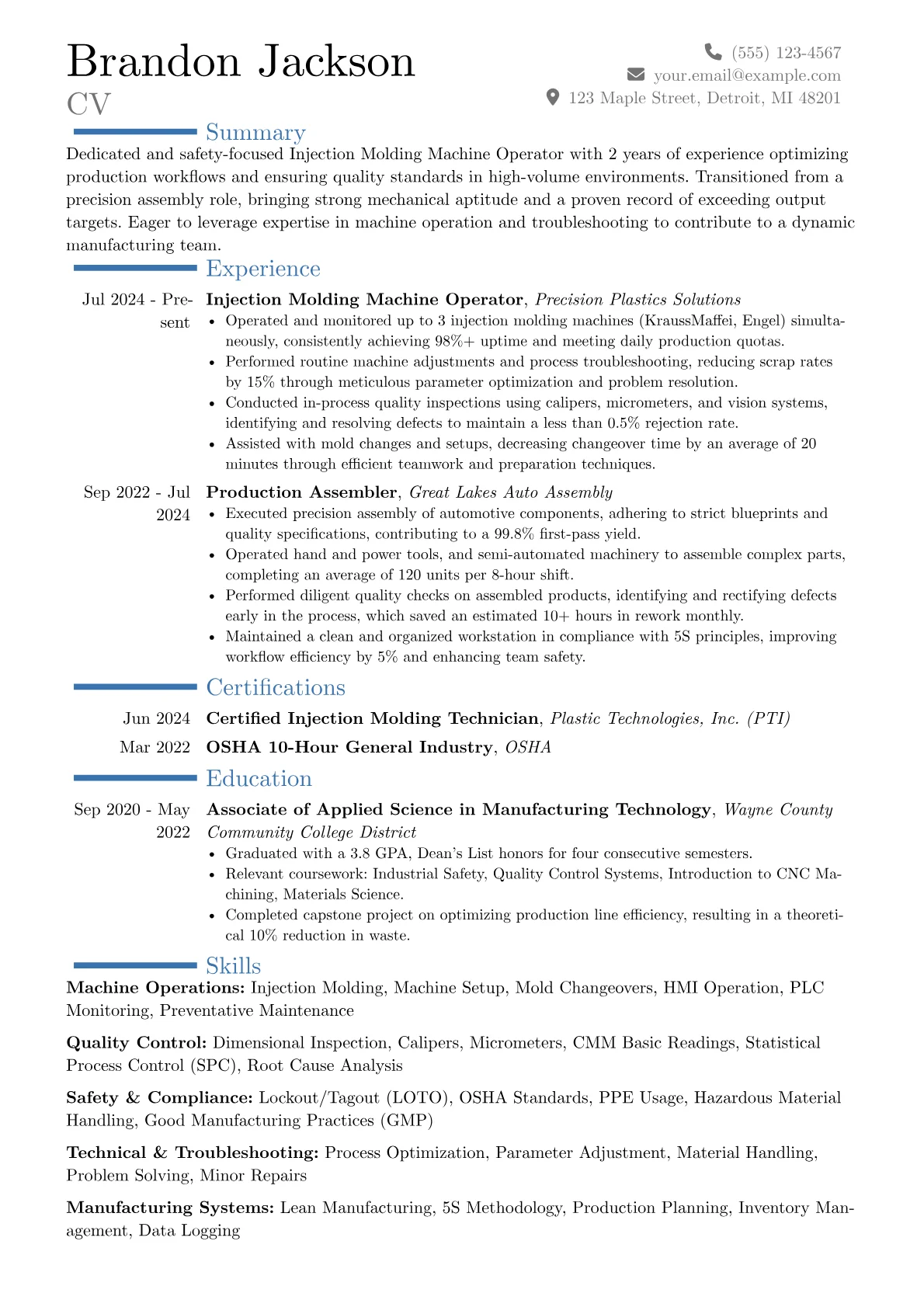 Injection Molding Machine Operator resume example, Career changer, page 1
