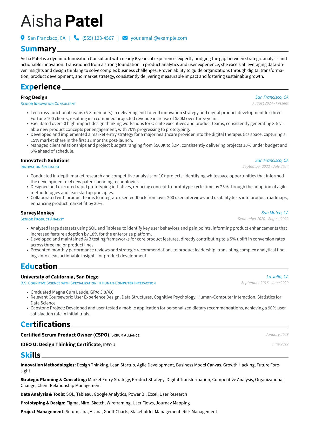 Innovation Consultant resume example, Career changer, page 1