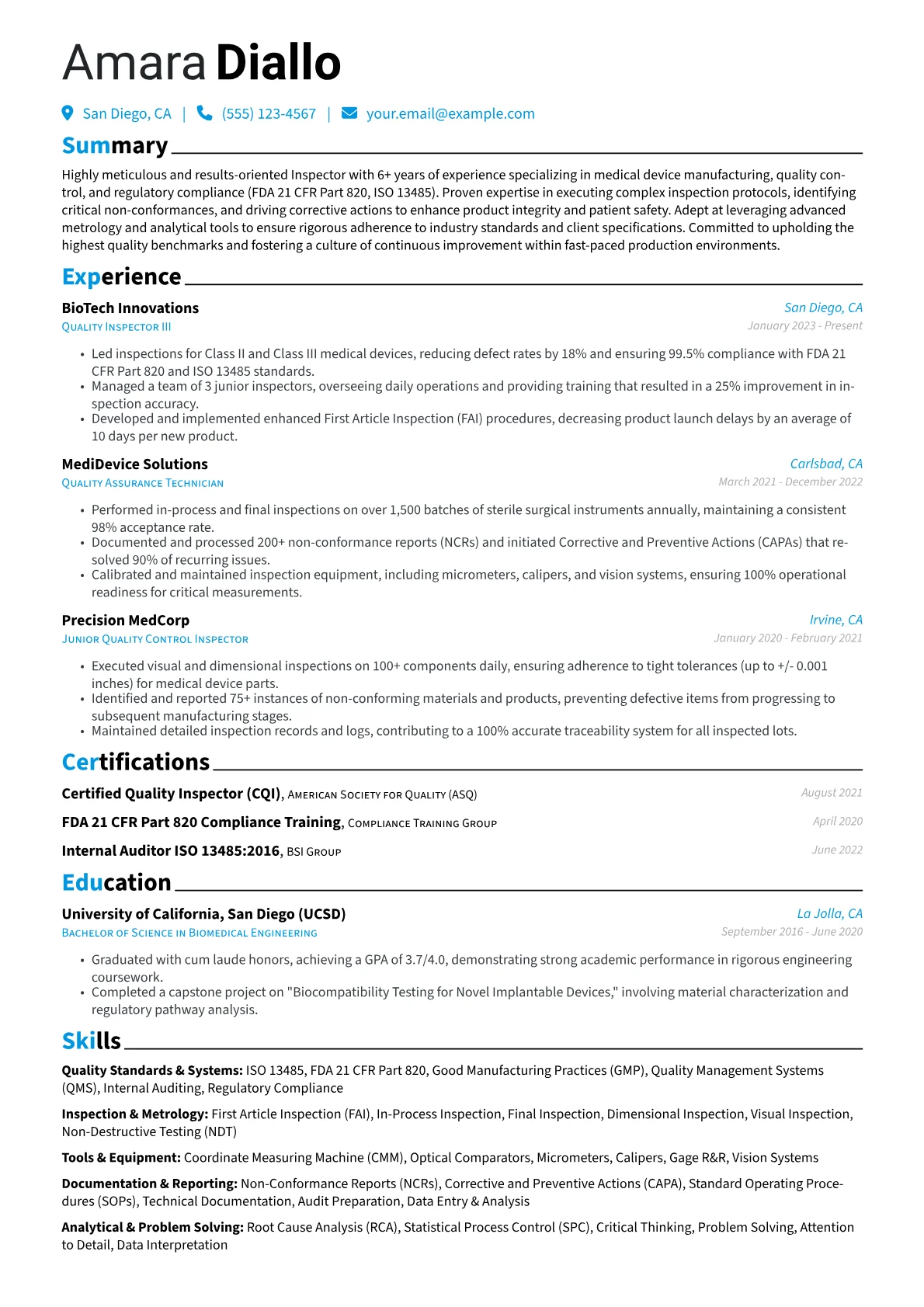 Inspector resume example, Medical Device Inspector, page 1