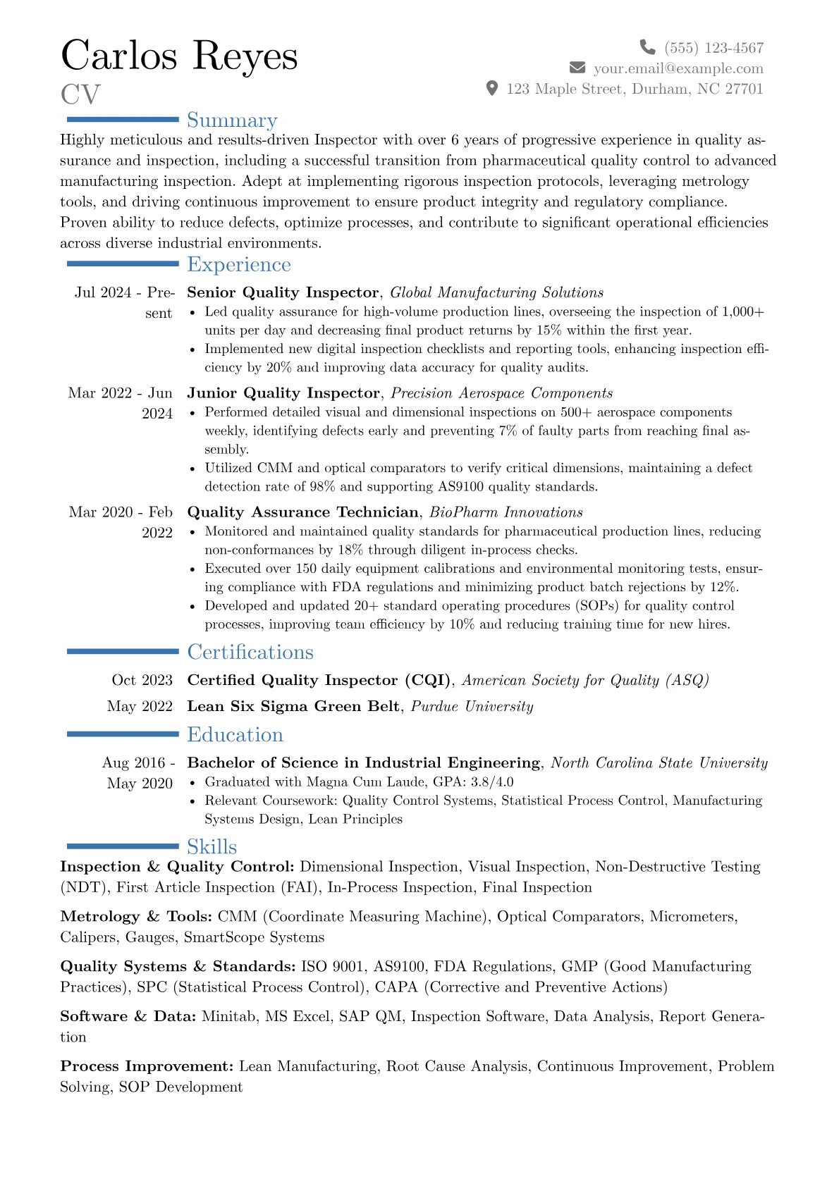 Inspector resume example, Career changer, page 1