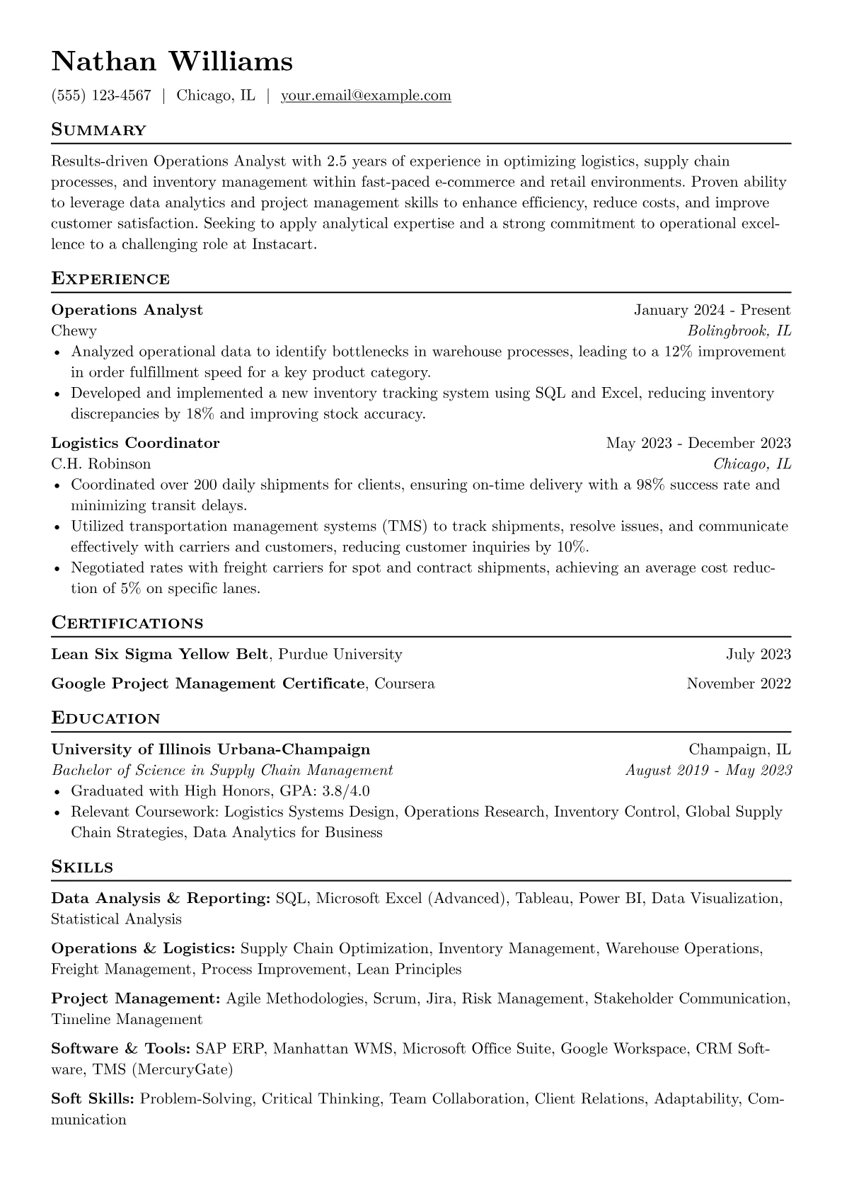 Instacart resume example, Operations Analyst, page 1