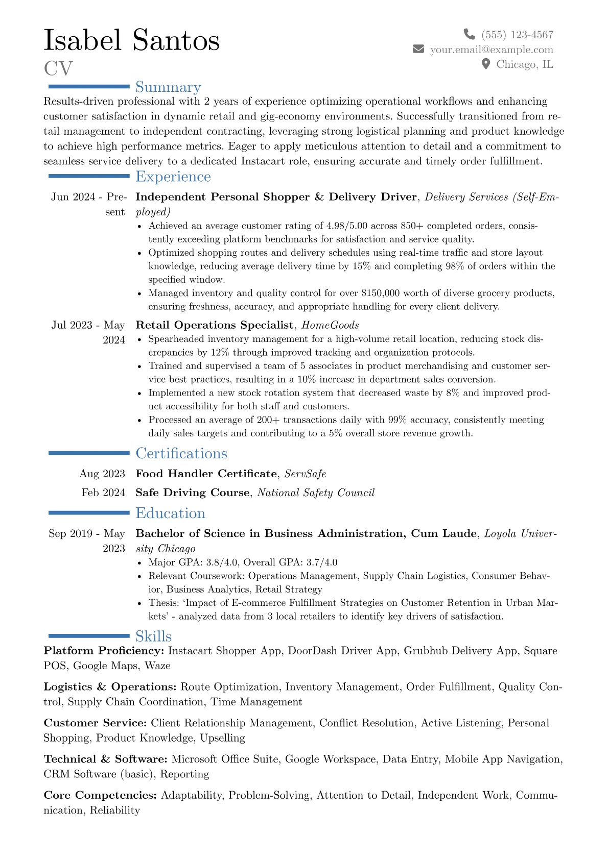 Instacart resume example, Career changer, page 1