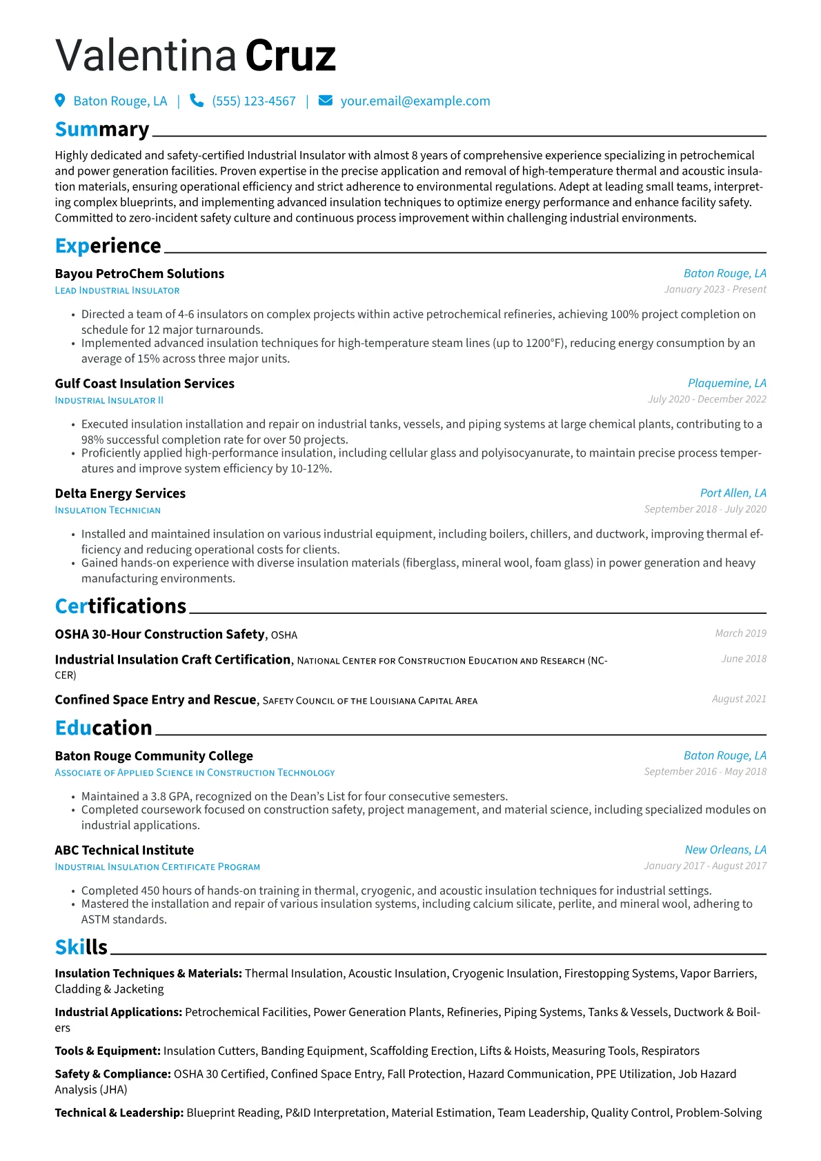 Insulator resume example, Industrial Insulator, page 1