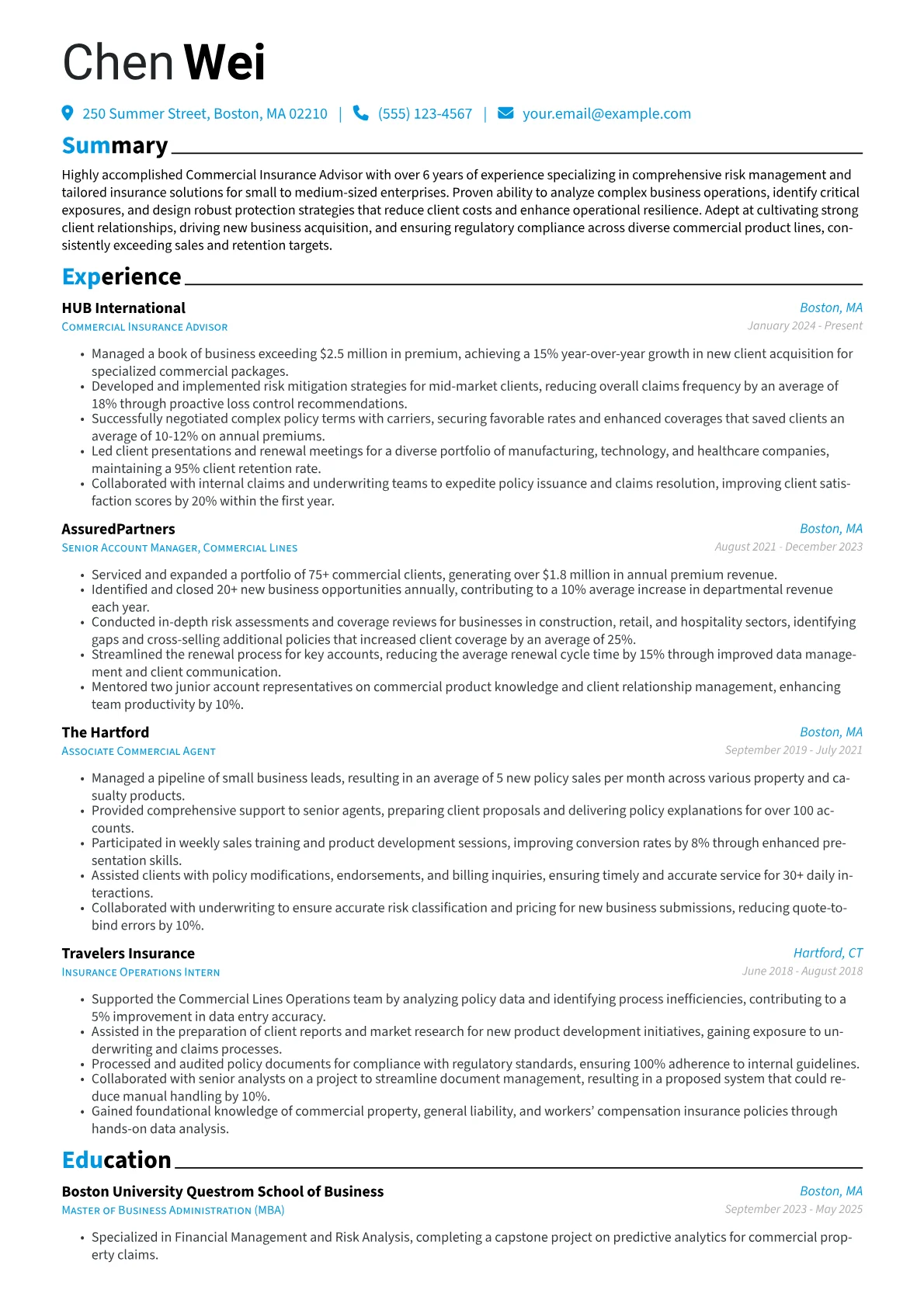 Insurance Advisor resume example, Commercial Insurance, page 1
