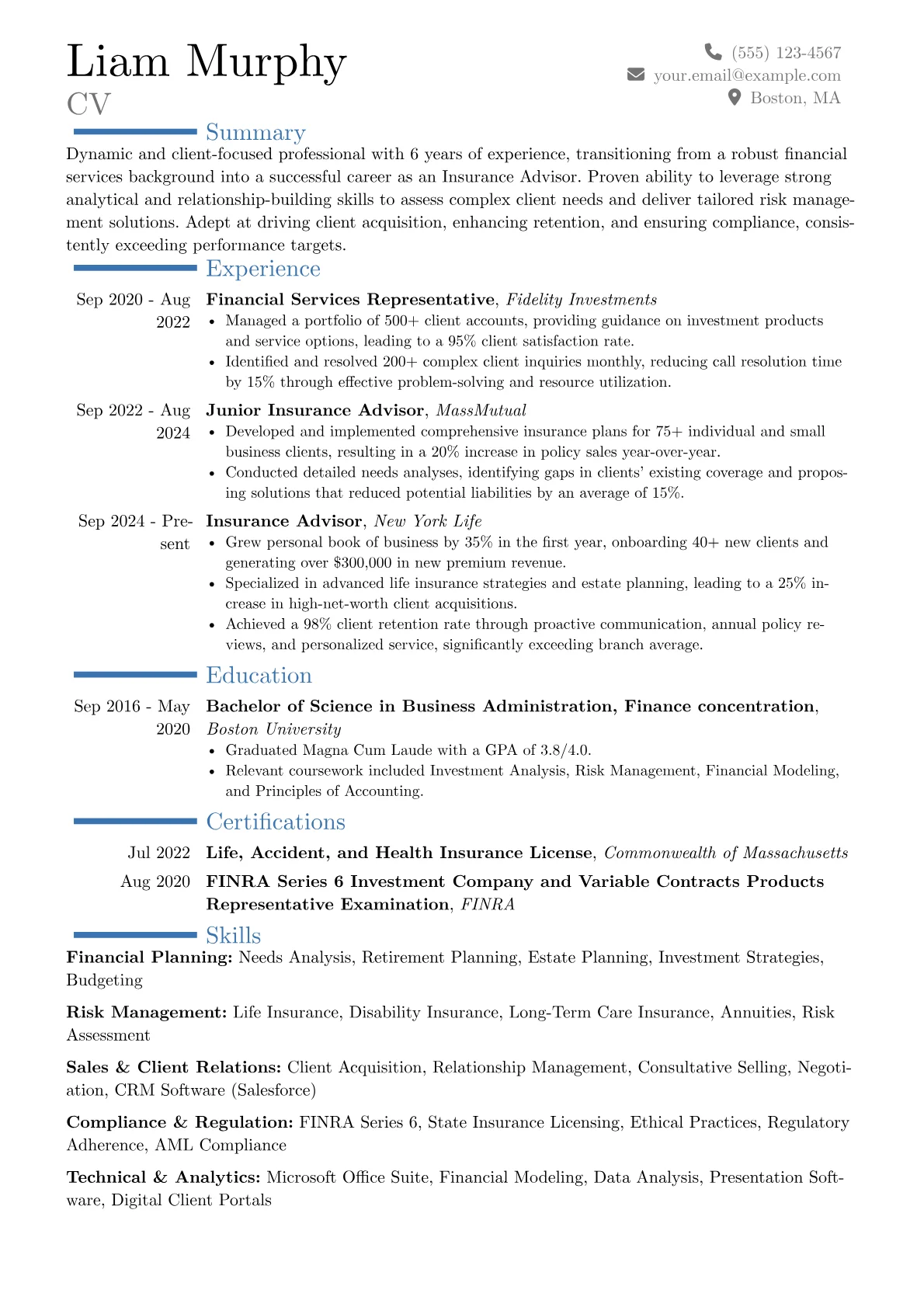 Insurance Advisor resume example, Career changer, page 1
