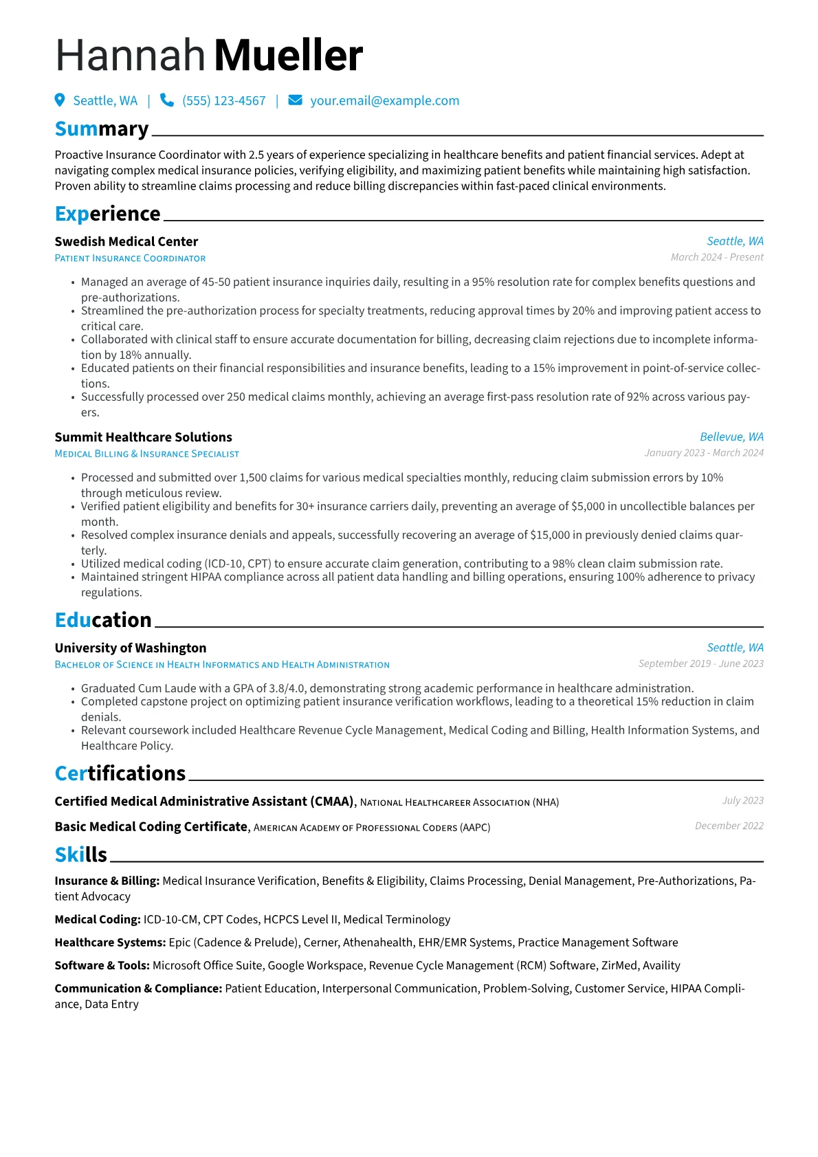 Insurance Coordinator resume example, Healthcare Insurance Focus, page 1