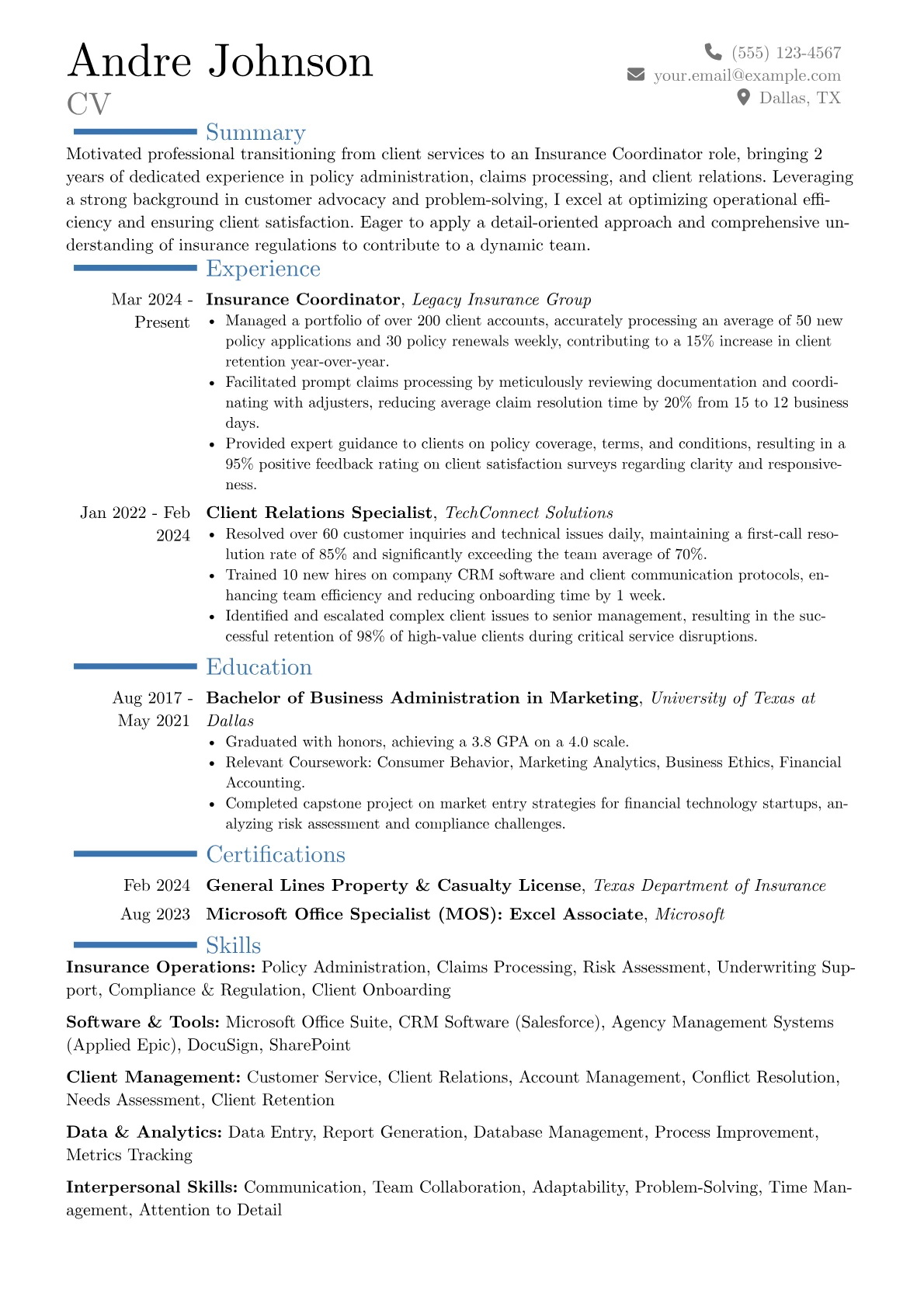 Insurance Coordinator resume example, Career changer, page 1
