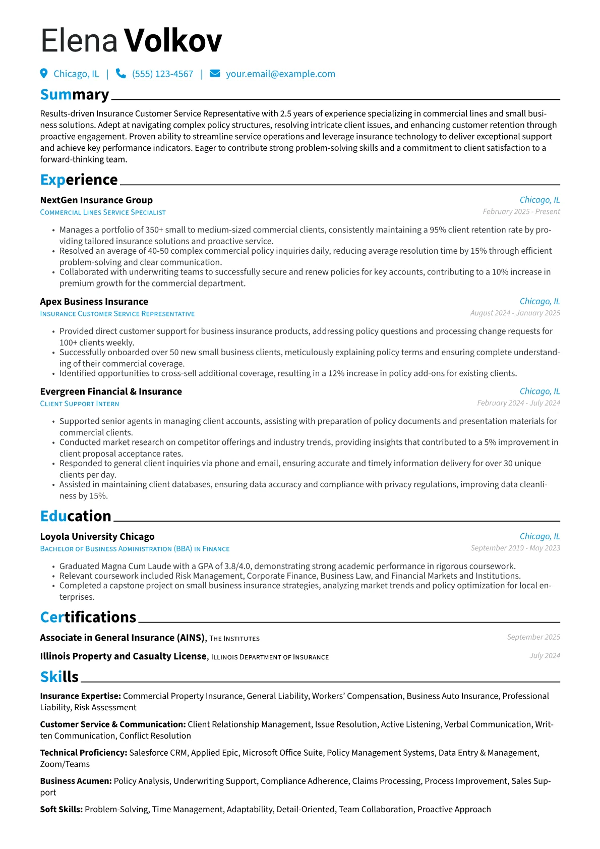 Insurance Customer Service Representative resume example, Insurance Customer Service, page 1