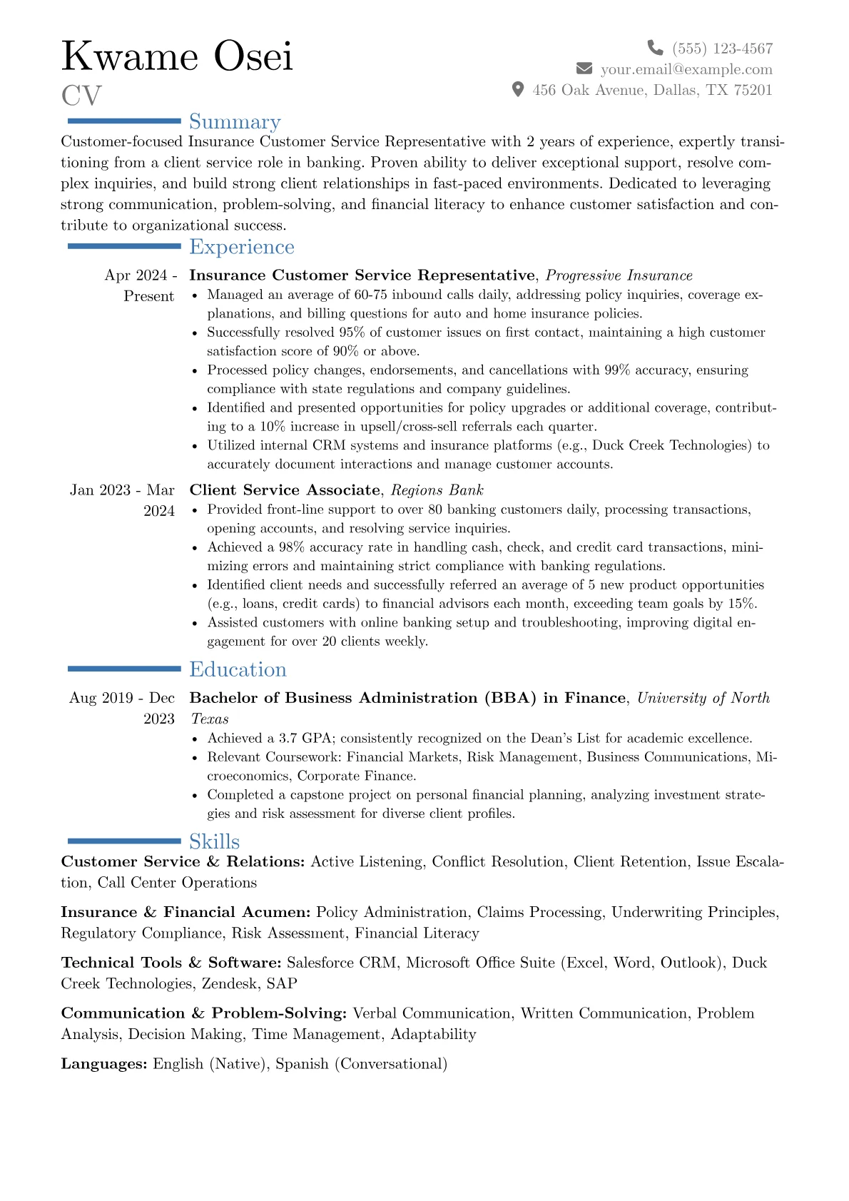 Insurance Customer Service Representative resume example, Career changer, page 1