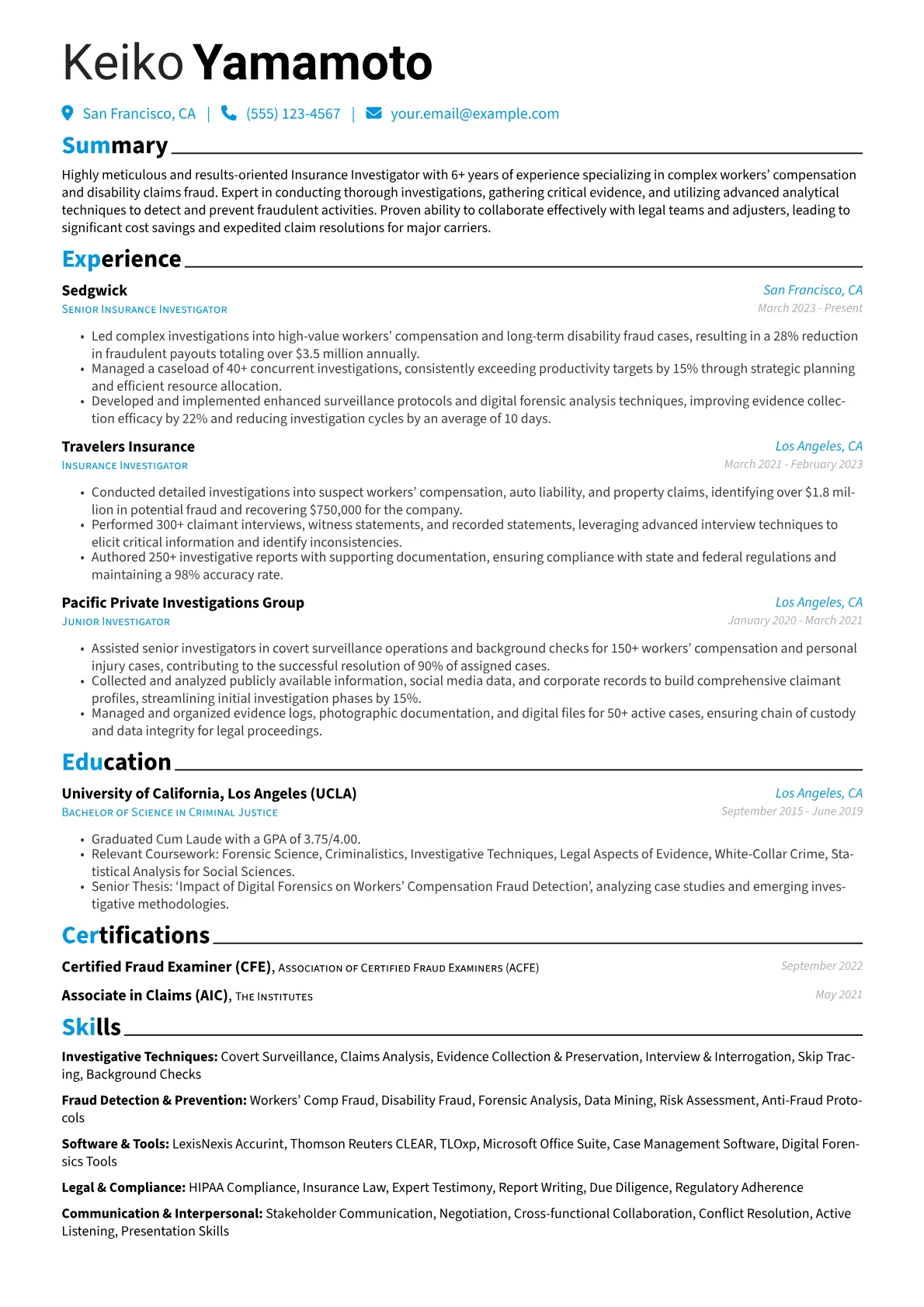 Insurance Investigator resume example, Workers' Compensation, page 1