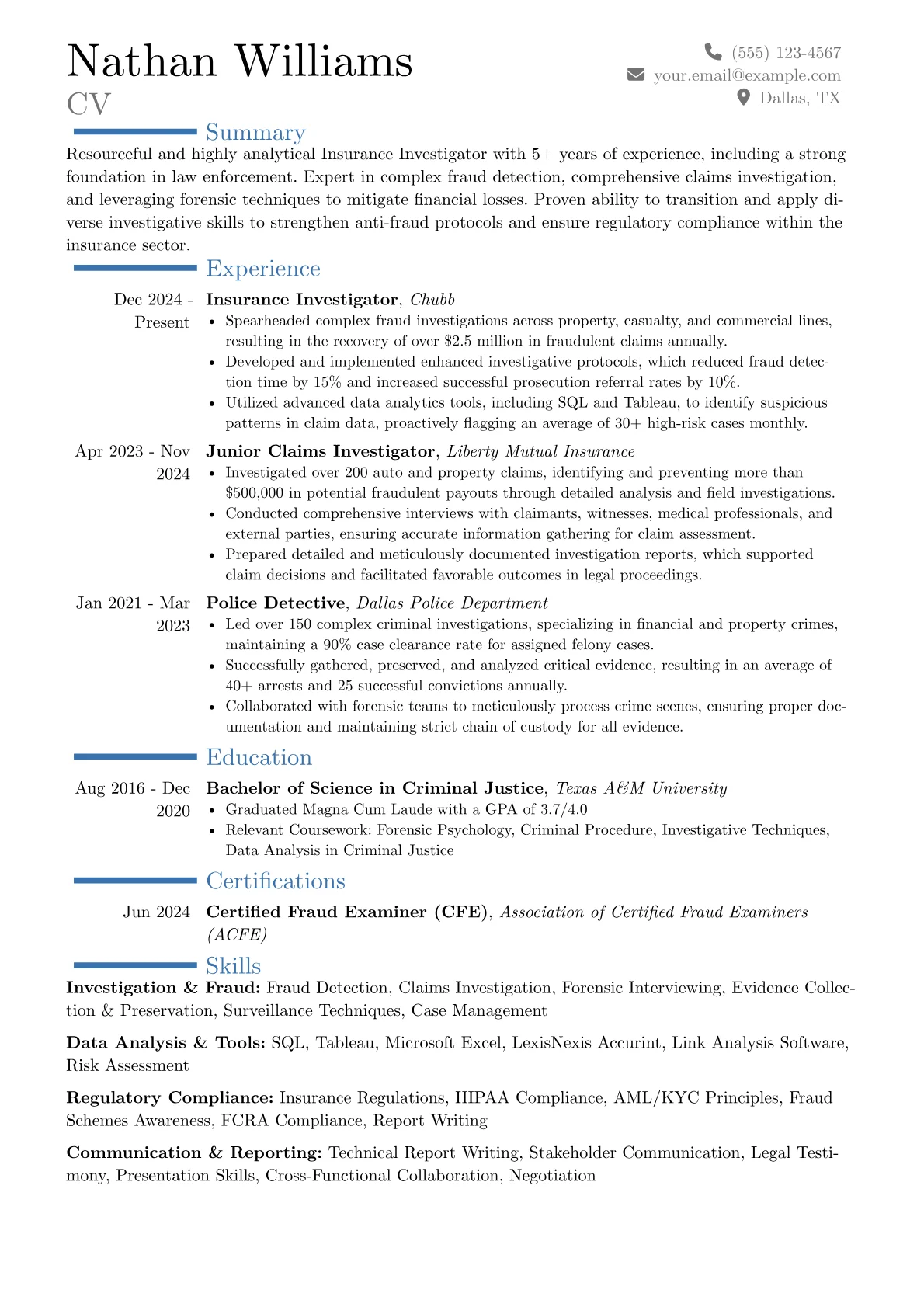 Insurance Investigator resume example, Career changer, page 1