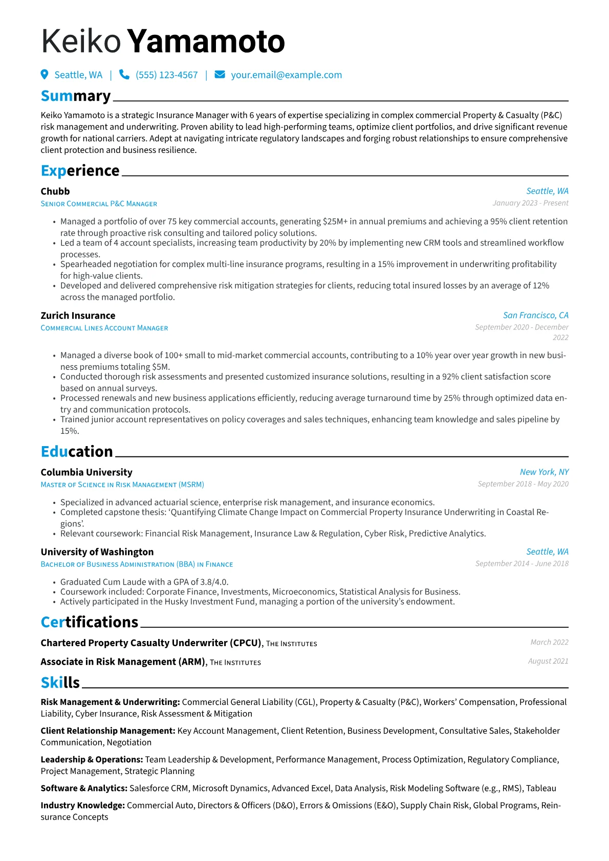 Insurance Manager resume example, Insurance Manager, page 1