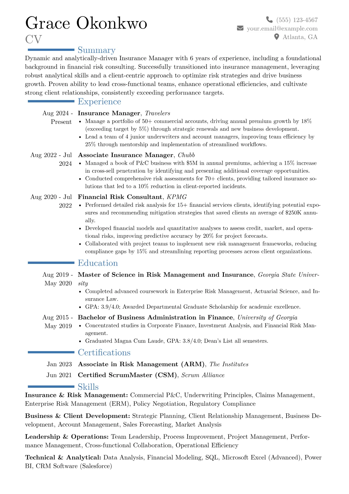 Insurance Manager resume example, Career changer, page 1