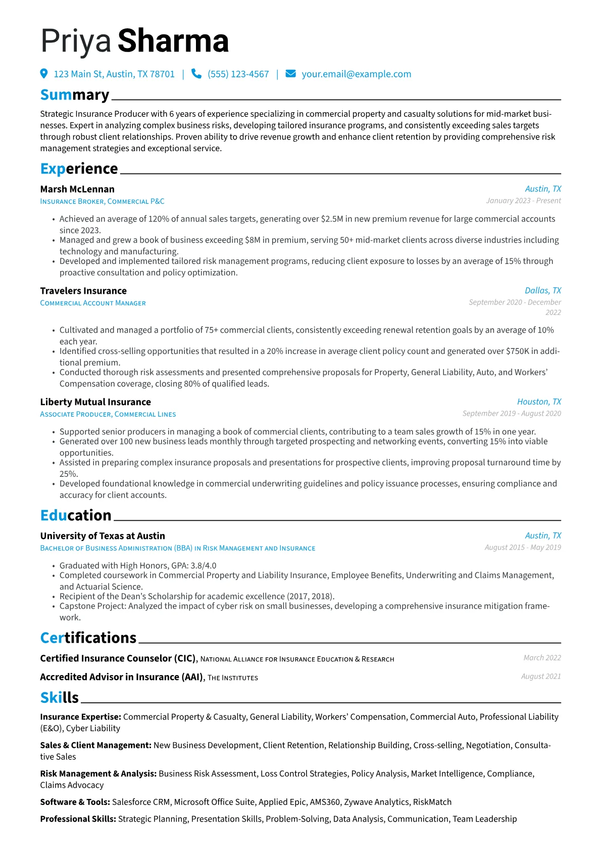 Insurance Producer resume example, Commercial P&C Specialist, page 1