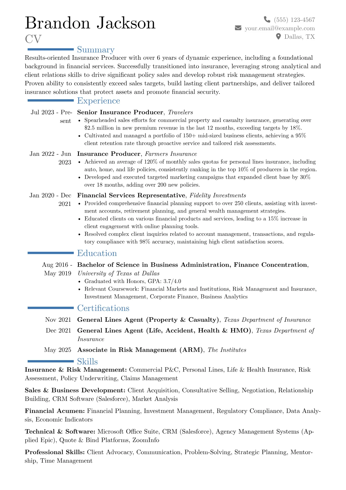 Insurance Producer resume example, Career changer, page 1