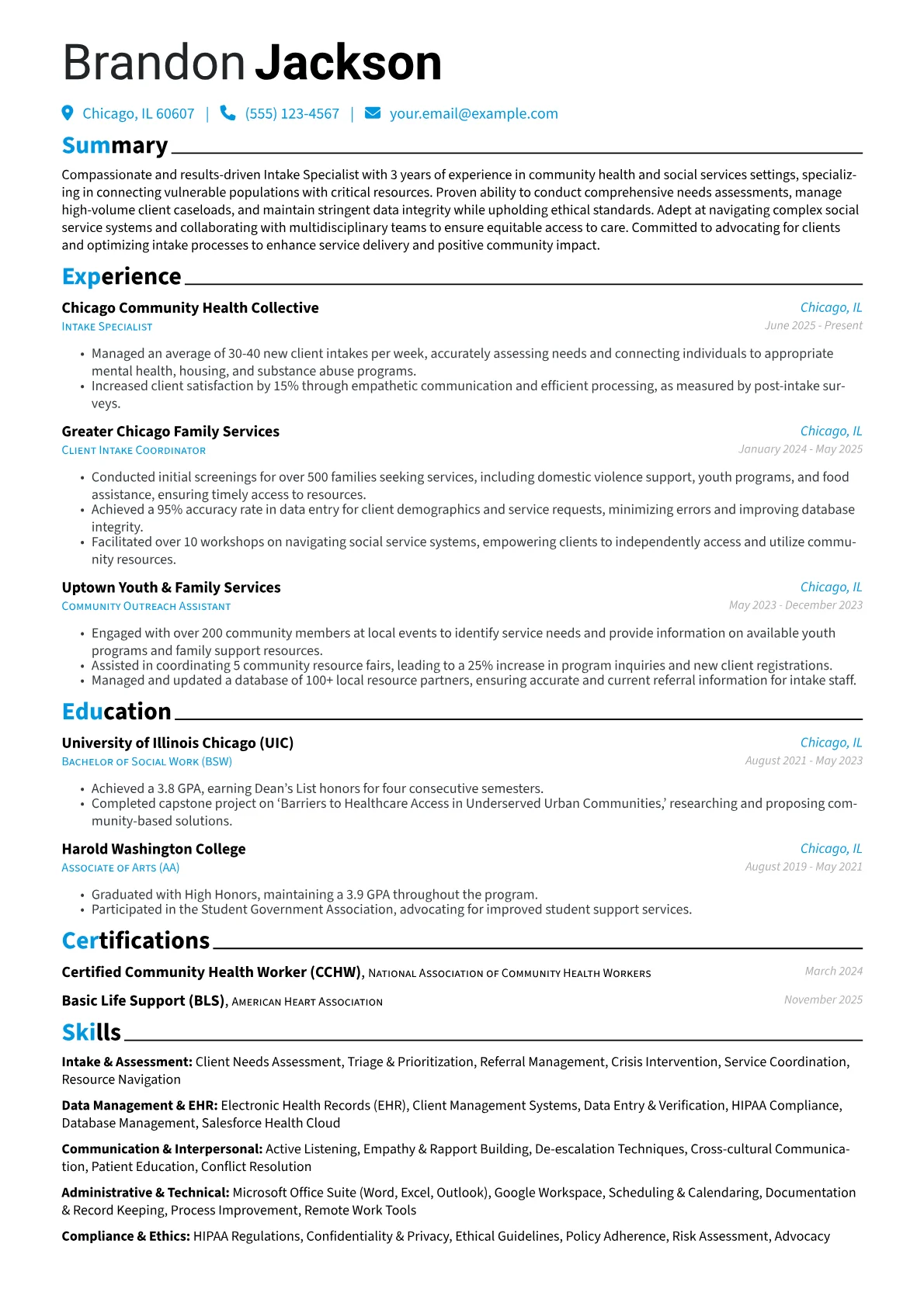 Intake Specialist resume example, Intake Specialist, page 1