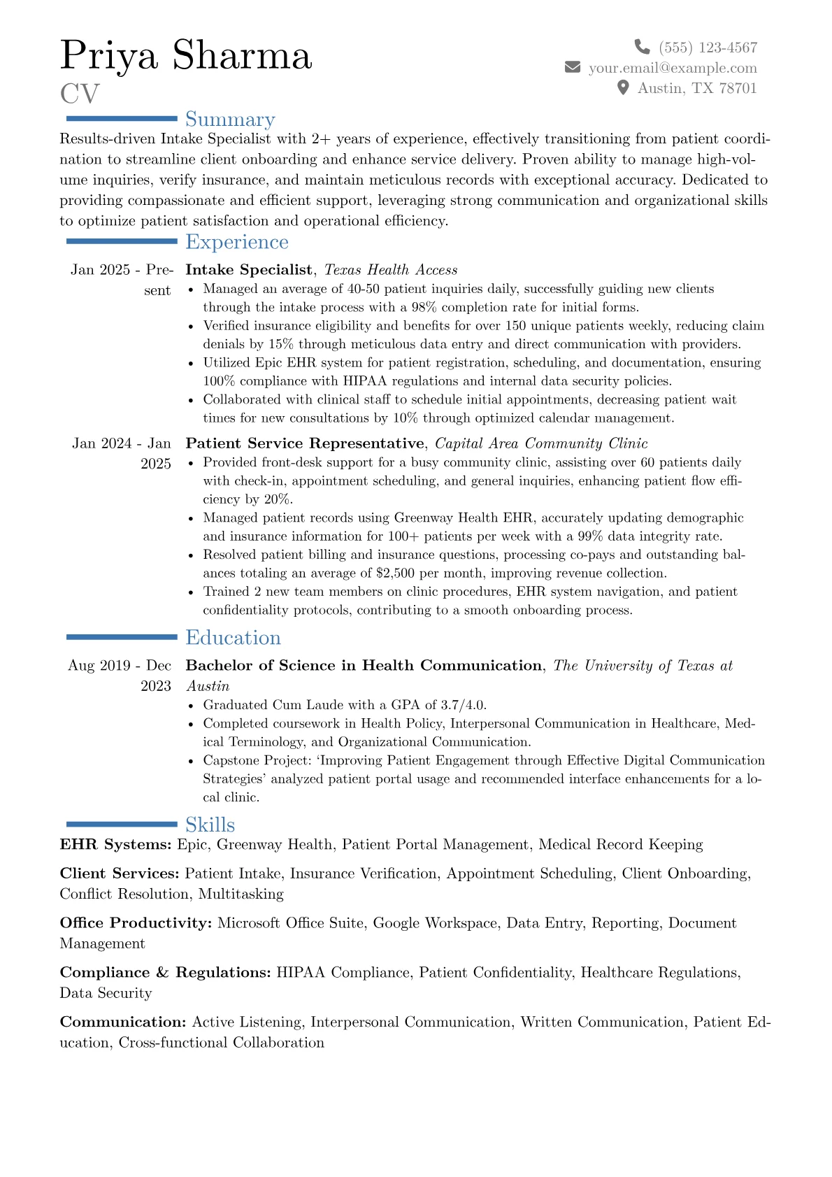 Intake Specialist resume example, Career changer, page 1