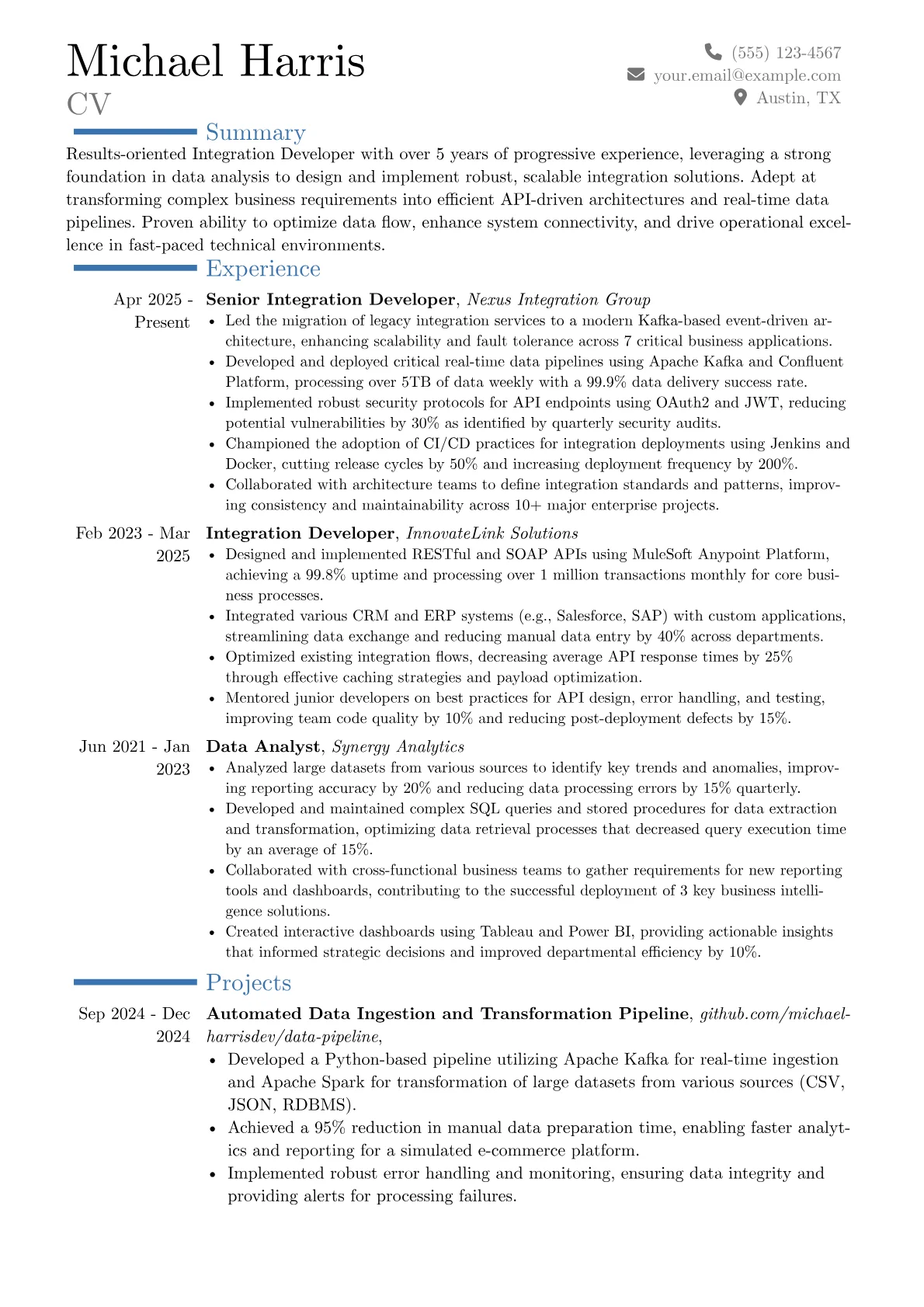 Integration Developer resume example, Career changer, page 1