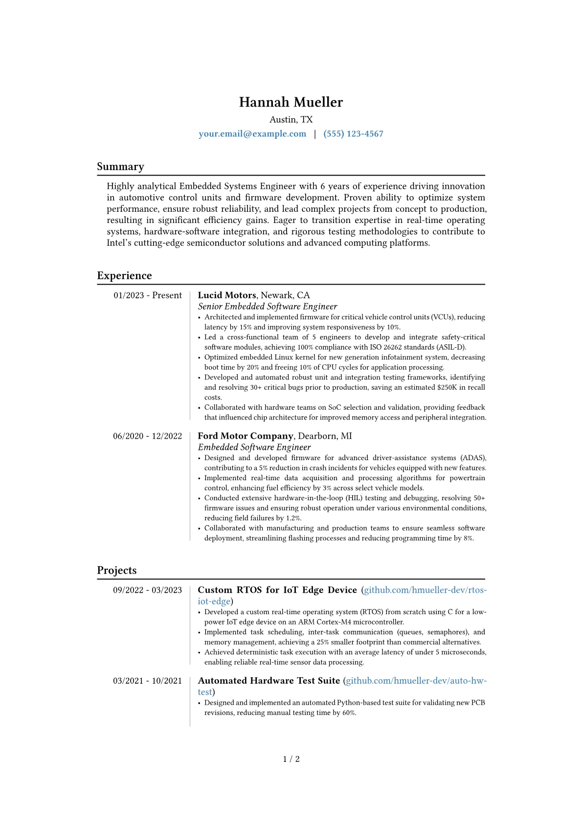 Intel resume example, Career changer, page 1
