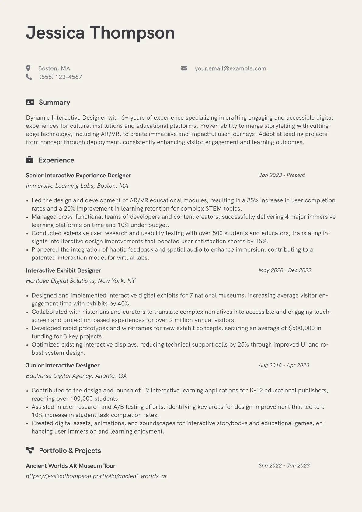 Interactive Designer resume example, Design & Prototyping, page 1