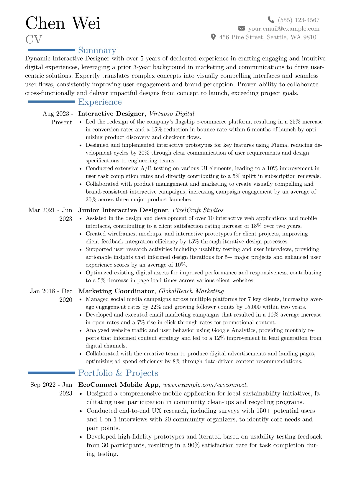Interactive Designer resume example, Career changer, page 1