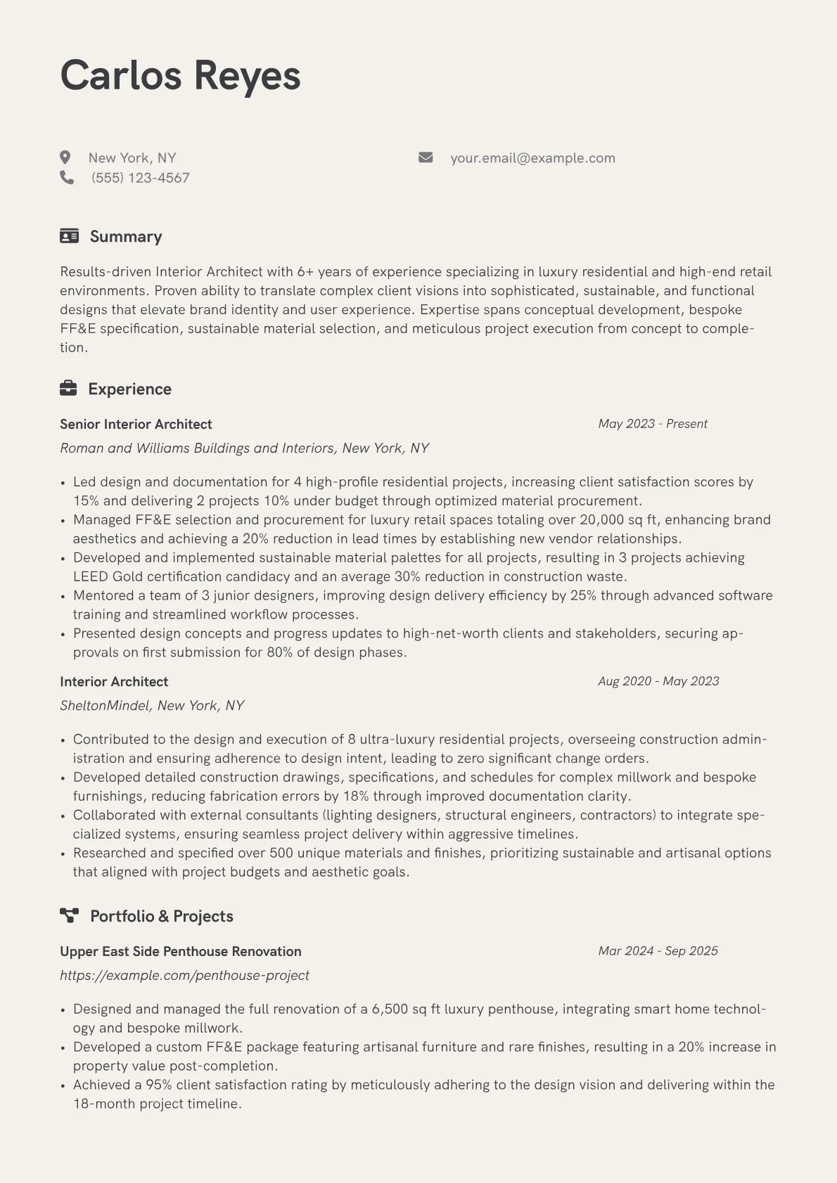 Interior Architect resume example, Design & Project, page 1