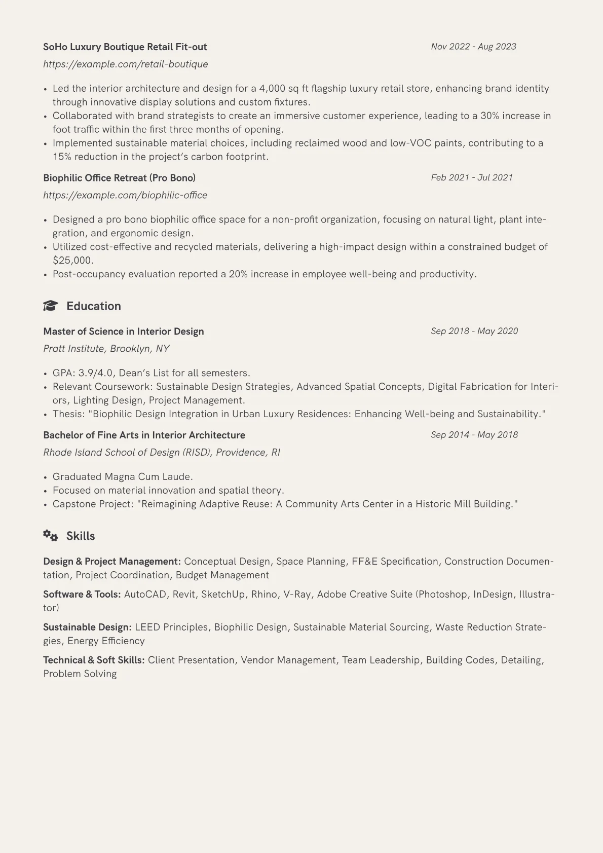 Interior Architect resume example, Design & Project, page 2