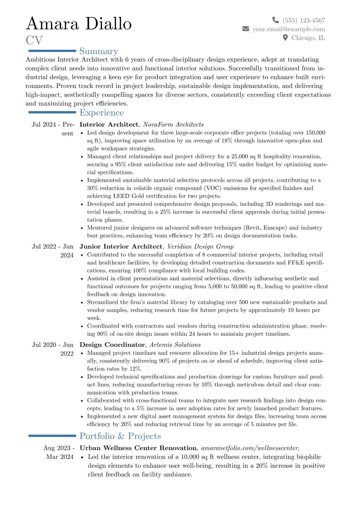 Interior Architect resume example, Career changer, page 1