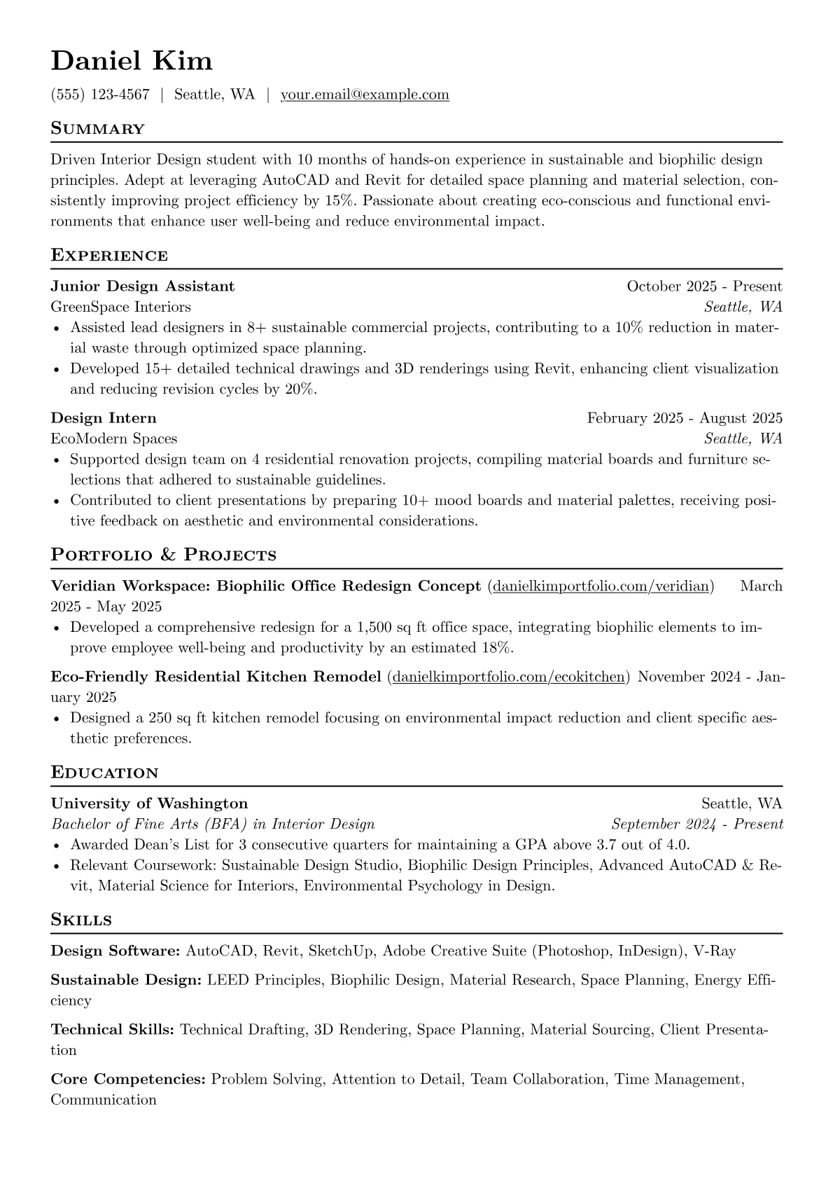 Interior Design Student resume example, Sustainable Design Focus, page 1