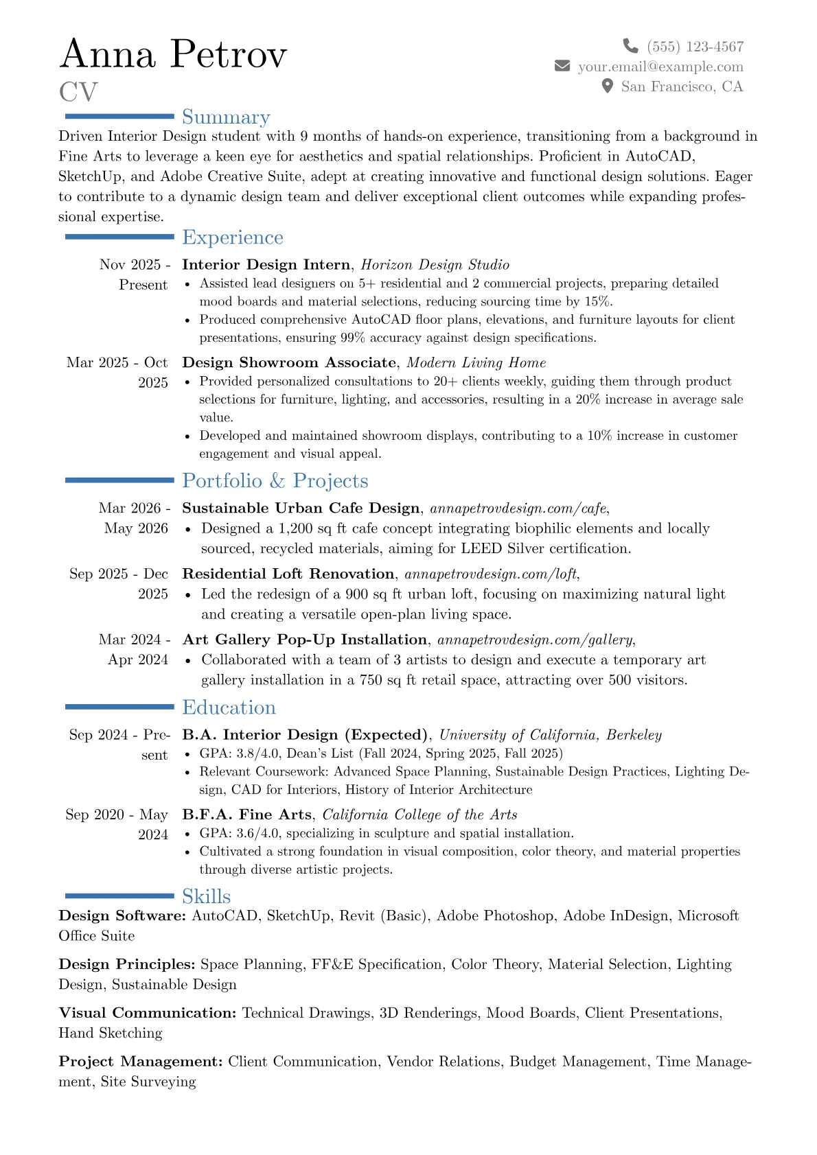 Interior Design Student resume example, Career changer, page 1