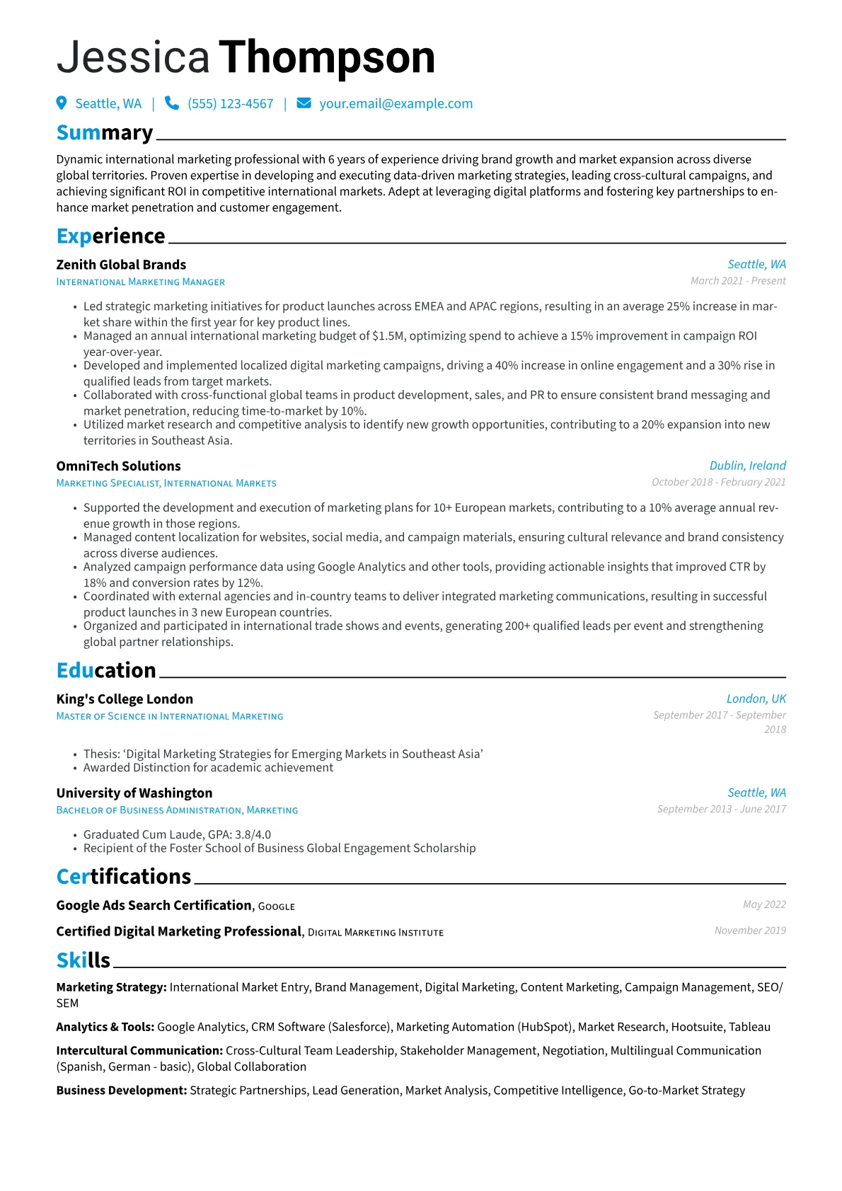 International resume example, International Marketing, page 1
