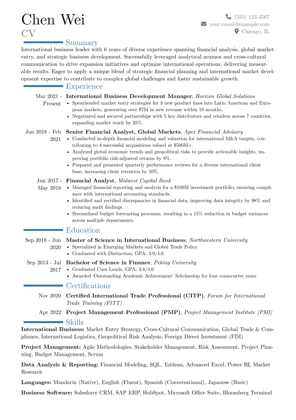 International resume example, Career changer, page 1