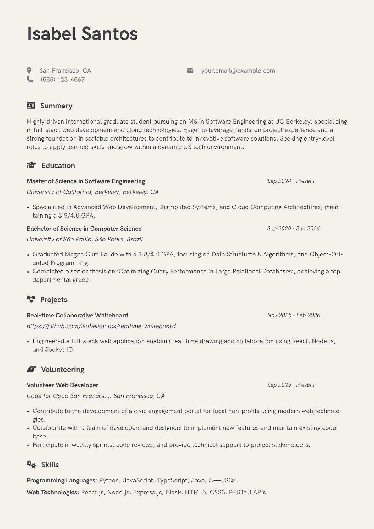 International Student resume example, International Student, page 1