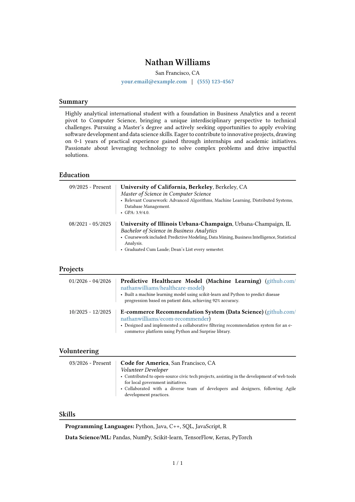 International Student resume example, Career changer, page 1