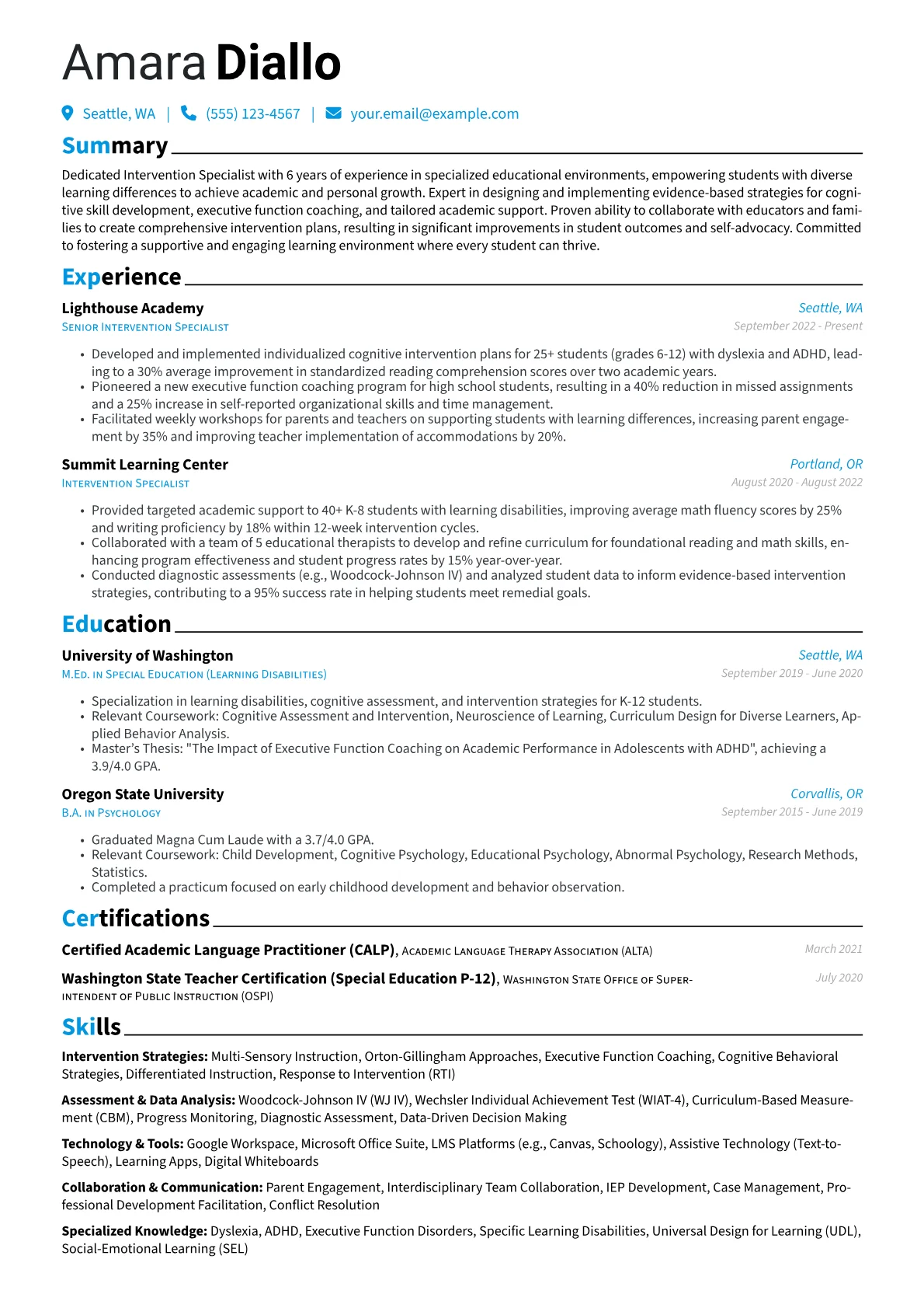 Intervention Specialist resume example, Specialized Learning, page 1