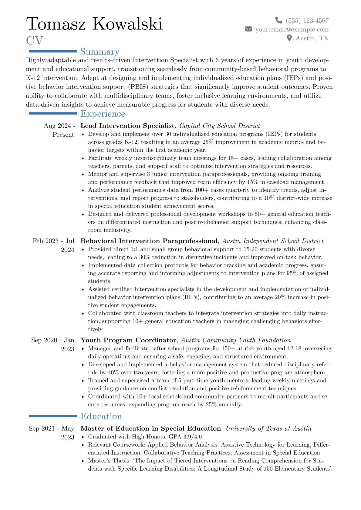 Intervention Specialist resume example, Career changer, page 1