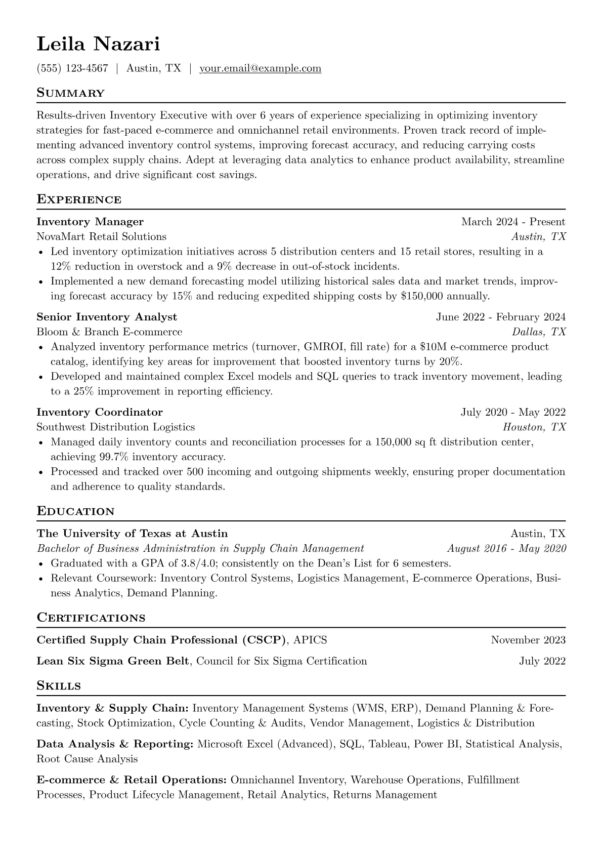 Inventory Executive resume example, E-commerce Inventory, page 1