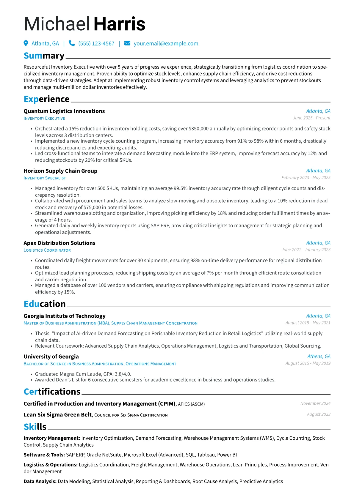 Inventory Executive resume example, Career changer, page 1