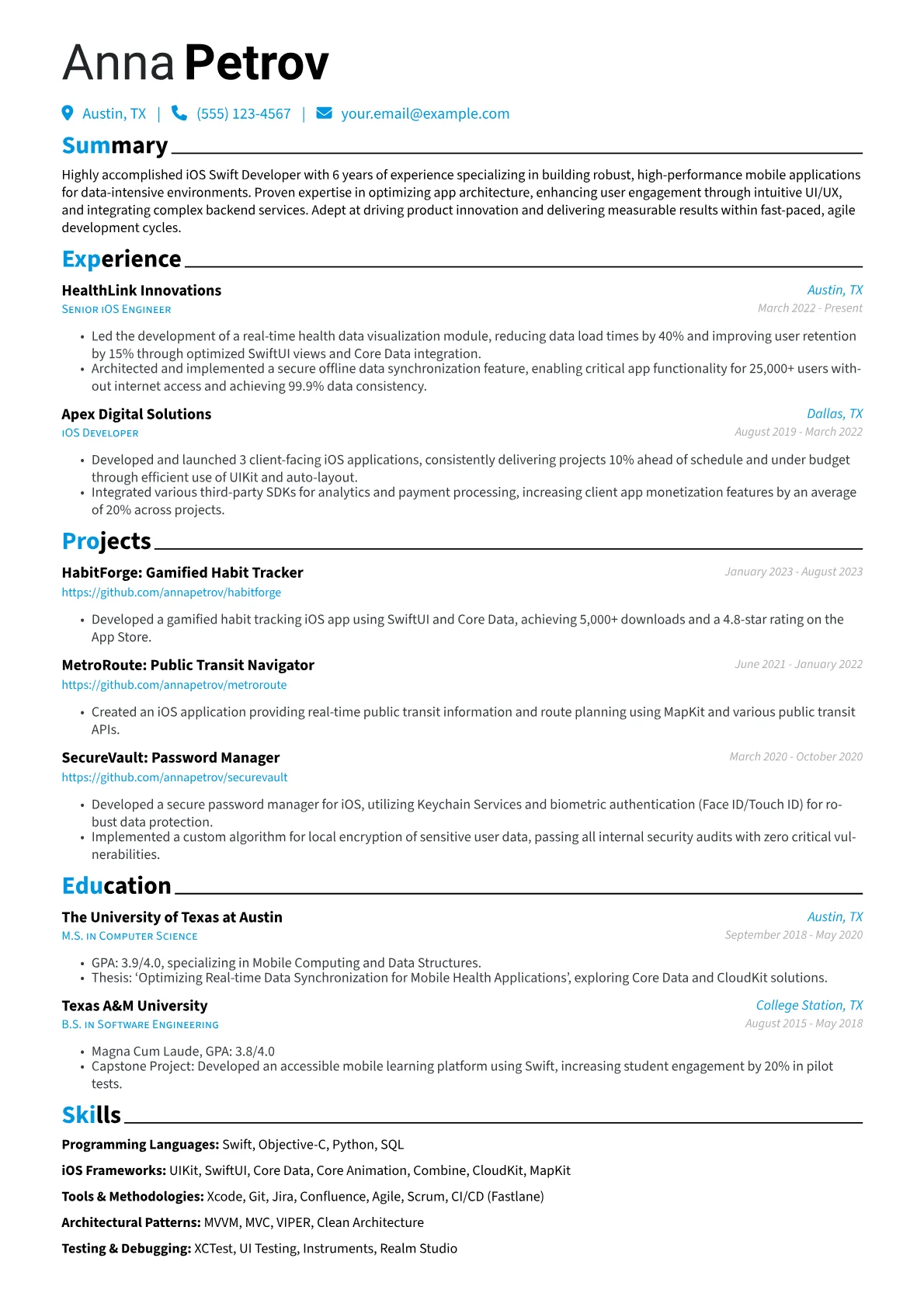 iOS Swift Developer resume example, Default, page 1