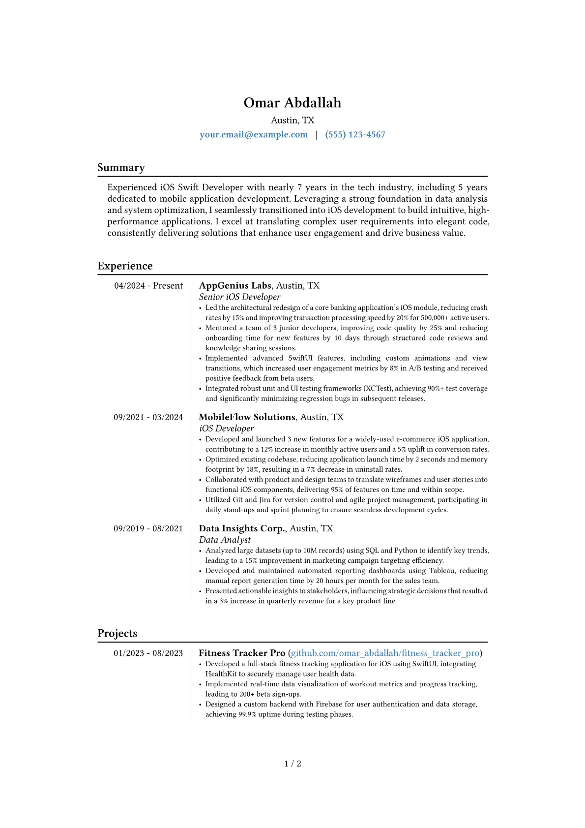 iOS Swift Developer resume example, Career changer, page 1