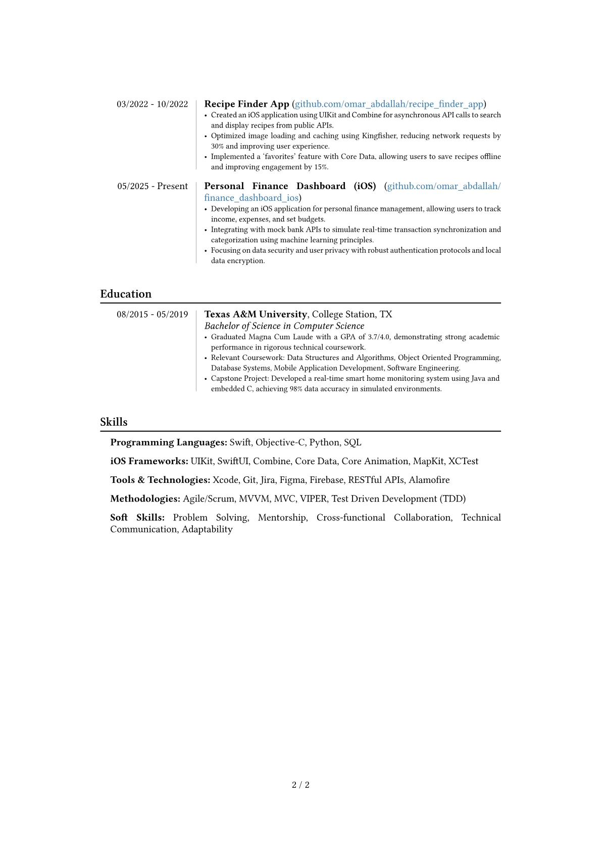iOS Swift Developer resume example, Career changer, page 2