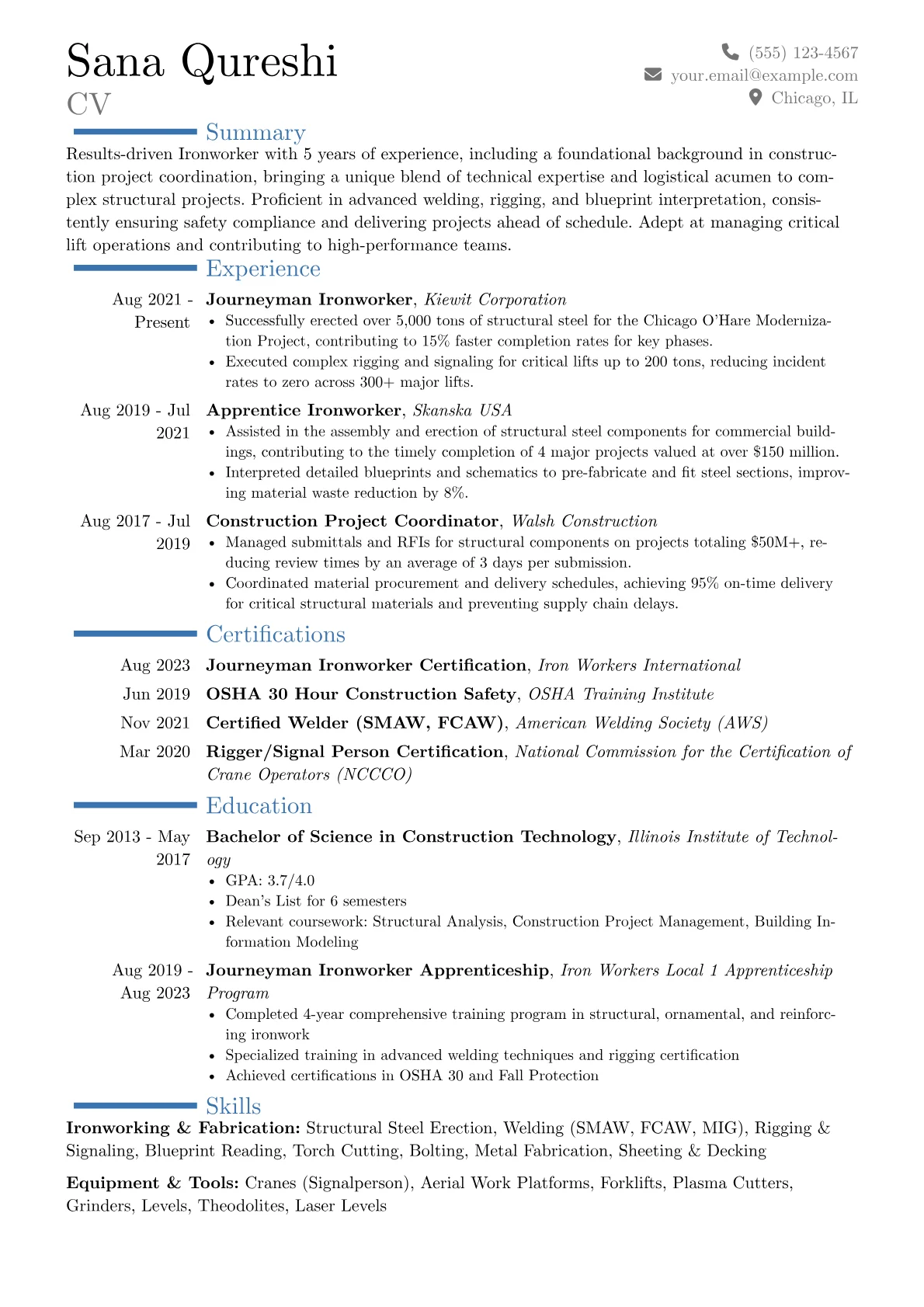 Ironworker resume example, Career changer, page 1