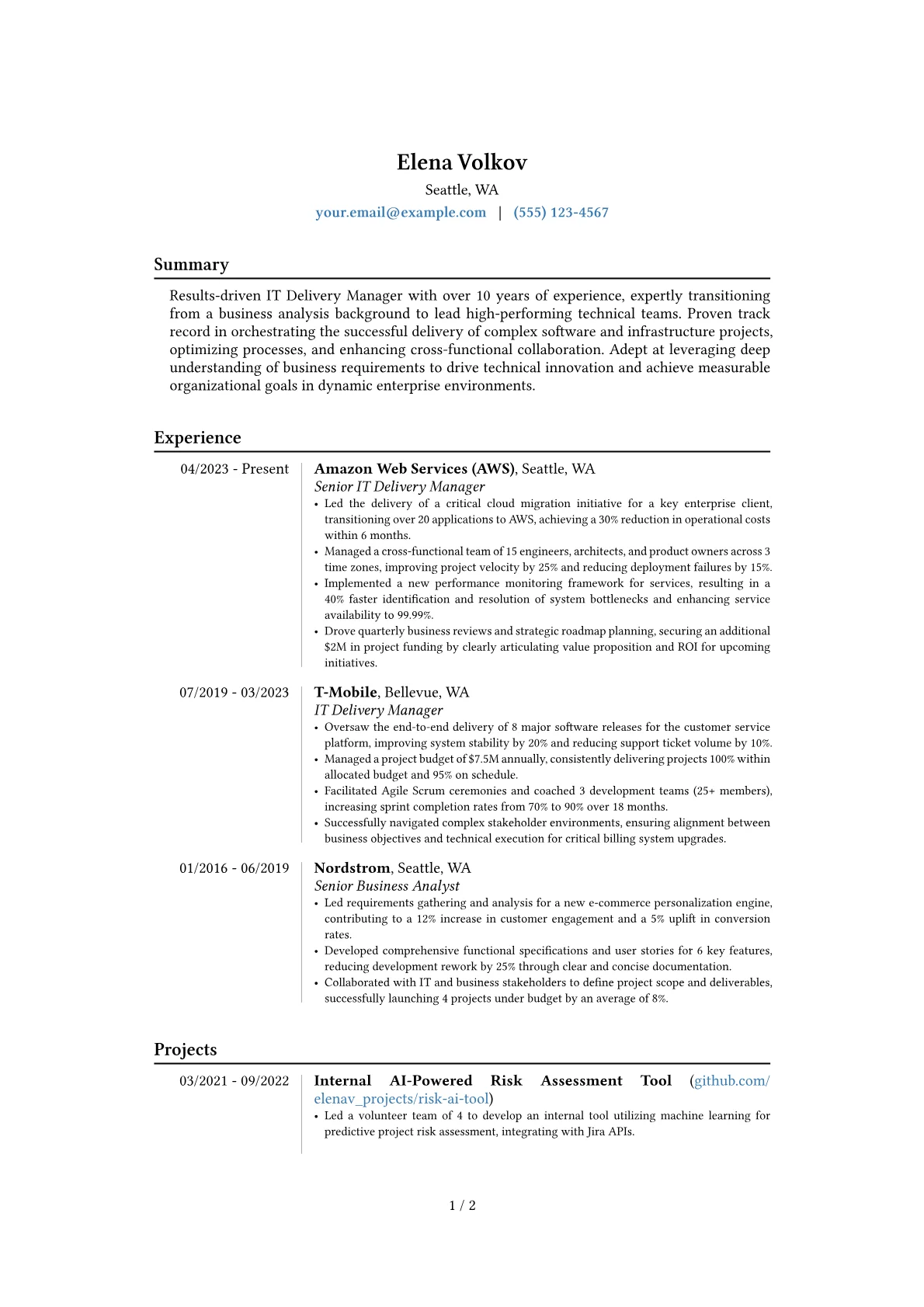 IT Delivery Manager resume example, Career changer, page 1