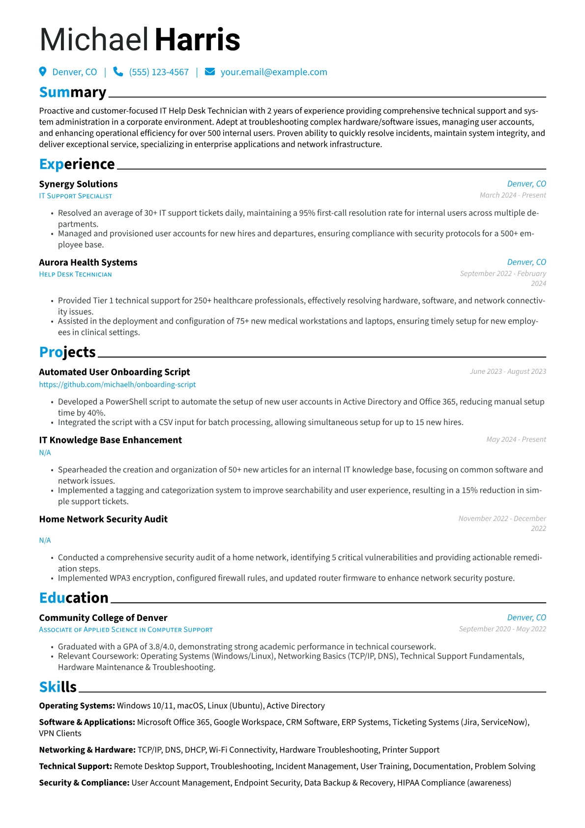 IT Help Desk Technician resume example, Corporate IT Focus, page 1