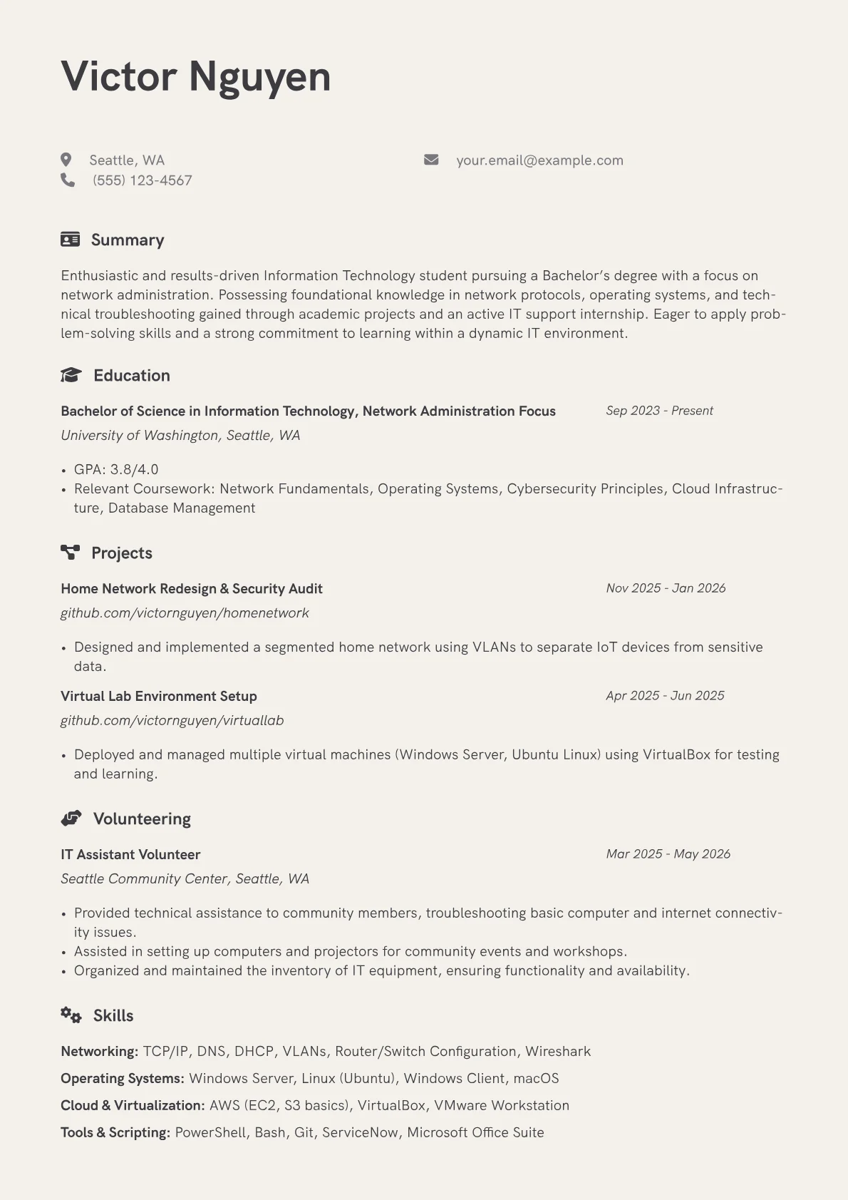 IT Internship resume example, IT Internship Candidate, page 1